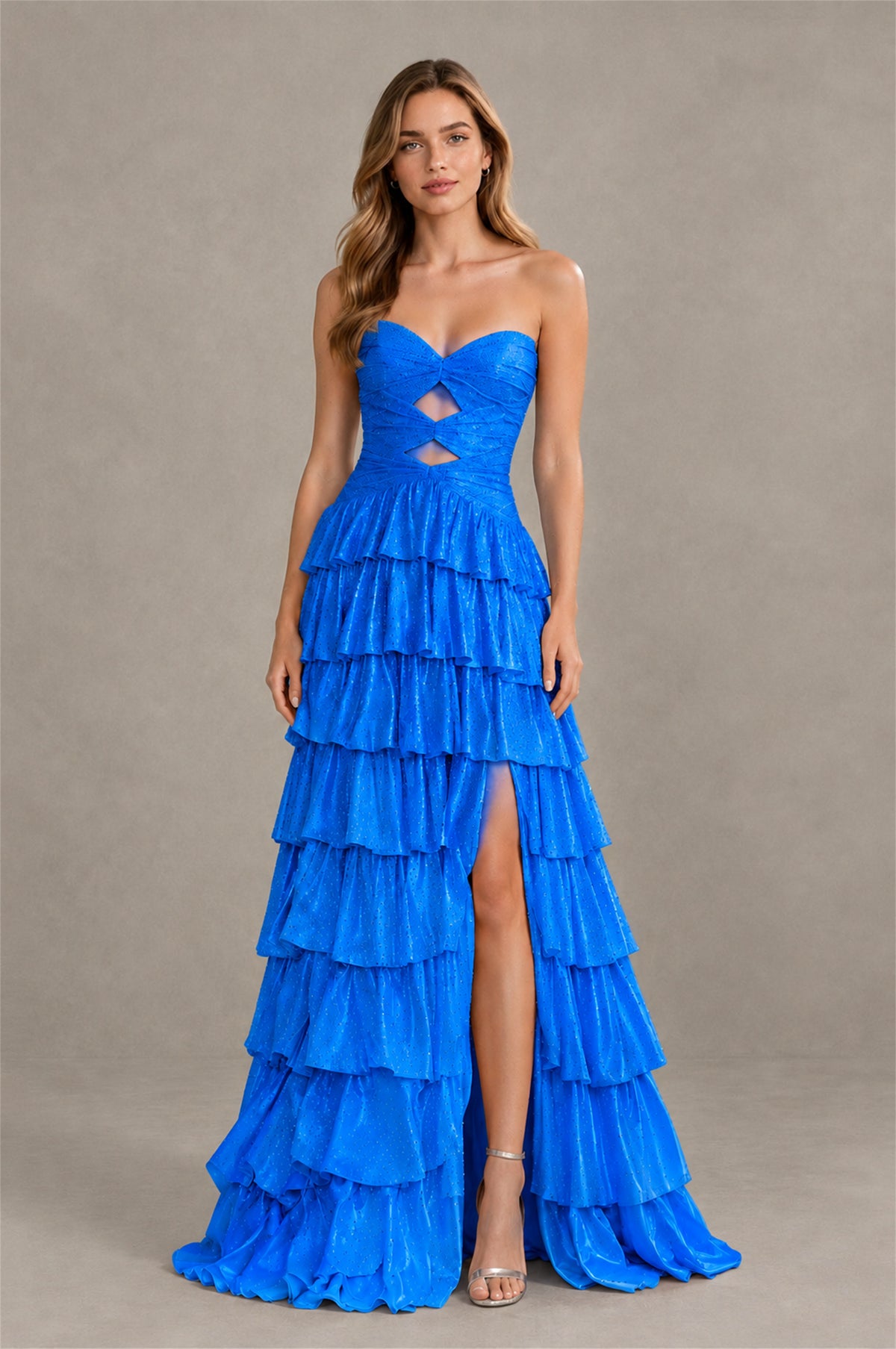 BOLODOO Dark Blue Strapless Cutout Tiered Ruffle Prom Dress with High Slit - Dark Blue - Dark Blue (4)