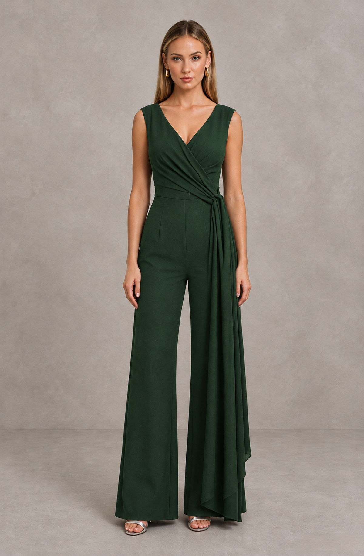 BOLODOO Dark Green Sleeveless V-Neck Wide-Leg Jumpsuit with Side Drape - Dark Green - Dark Green_01