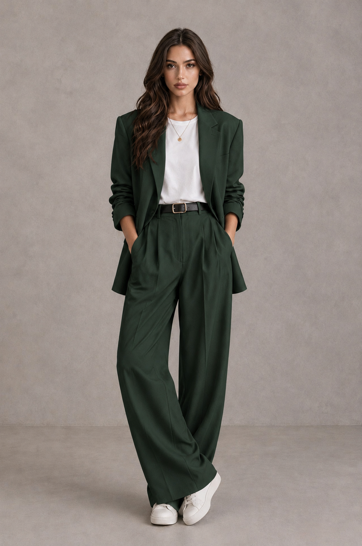 BOLODOO Dark Green Brown Blazer & Wide-Leg Pants Suit for Women - Dark Green - Dark Green_01
