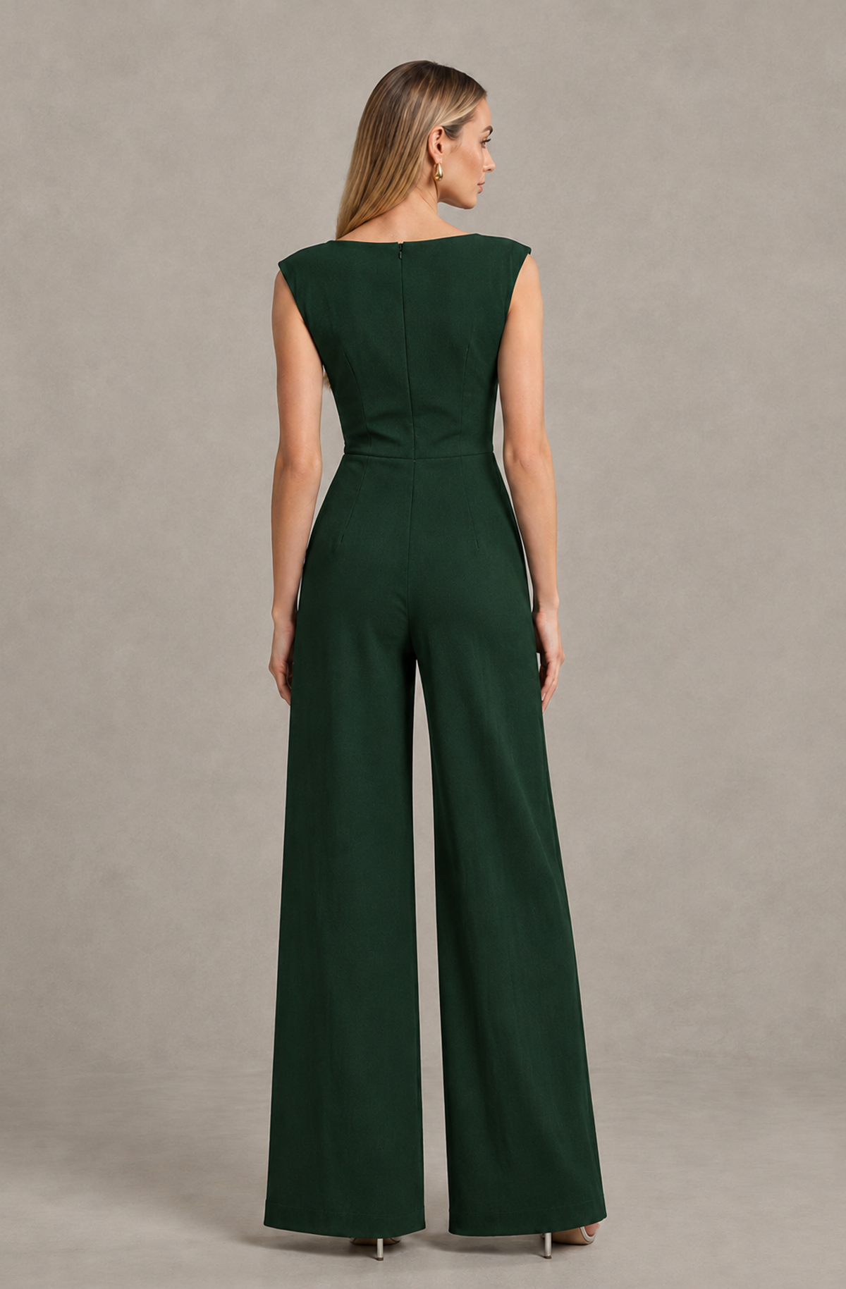 BOLODOO Dark Green Sleeveless V-Neck Wide-Leg Jumpsuit with Side Drape - Dark Green - Dark Green_02