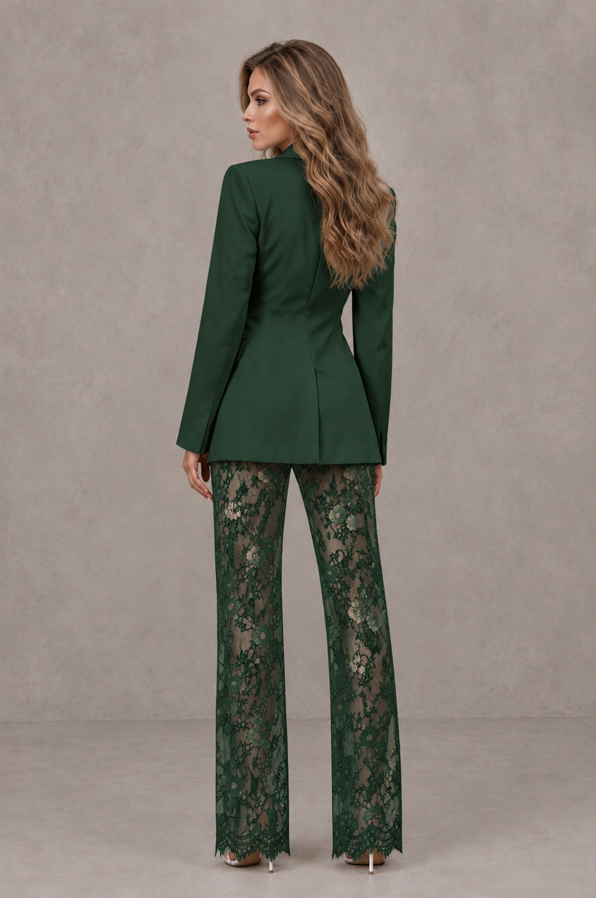 BOLODOO Women's Dark Green Blazer & Lace Pants Two-Piece Suit - Dark Green - Dark Green_02