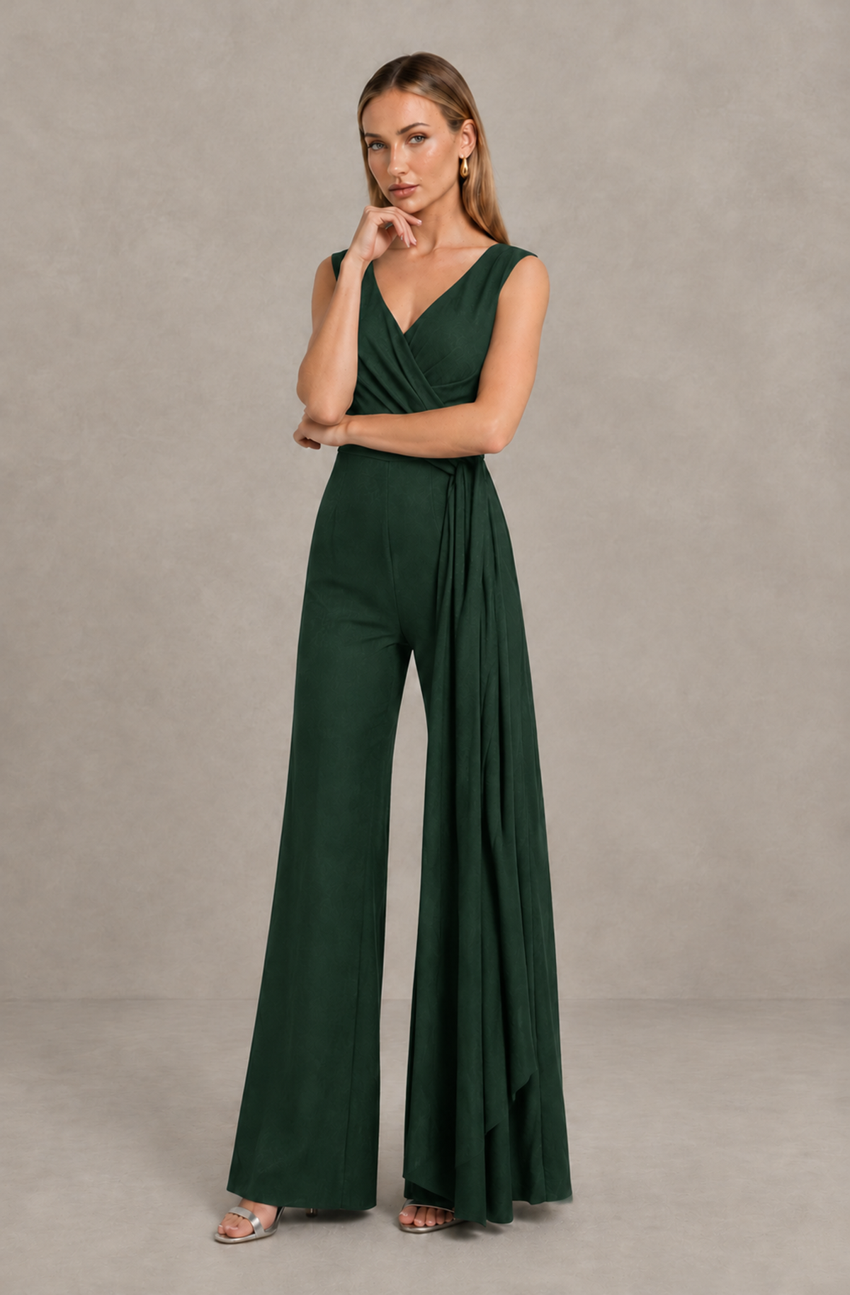BOLODOO Dark Green Sleeveless V-Neck Wide-Leg Jumpsuit with Side Drape - Dark Green - Dark Green_03