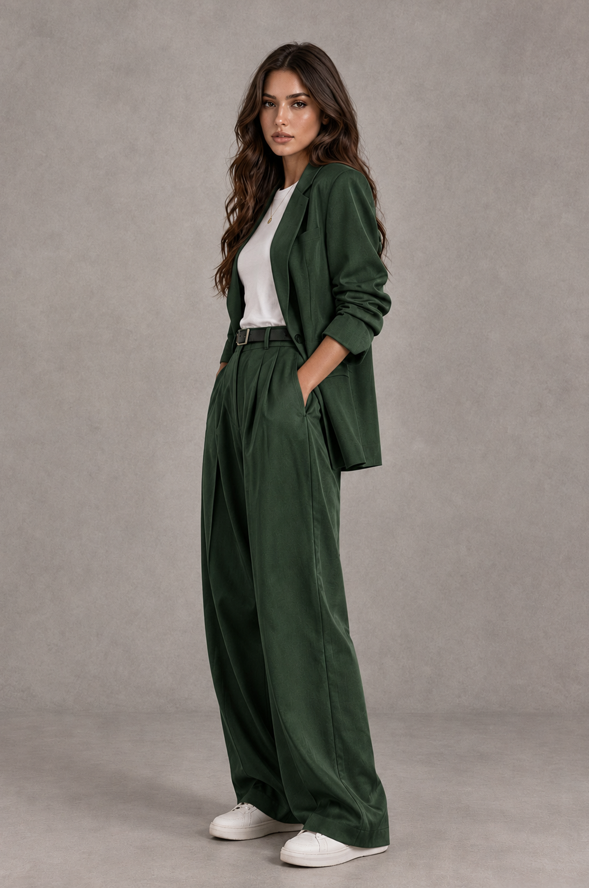 BOLODOO Dark Green Brown Blazer & Wide-Leg Pants Suit for Women - Dark Green - Dark Green_03
