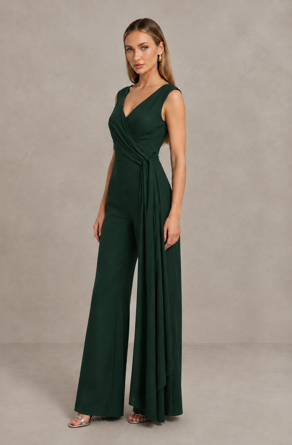BOLODOO Dark Green Sleeveless V-Neck Wide-Leg Jumpsuit with Side Drape - Dark Green - Dark Green_04