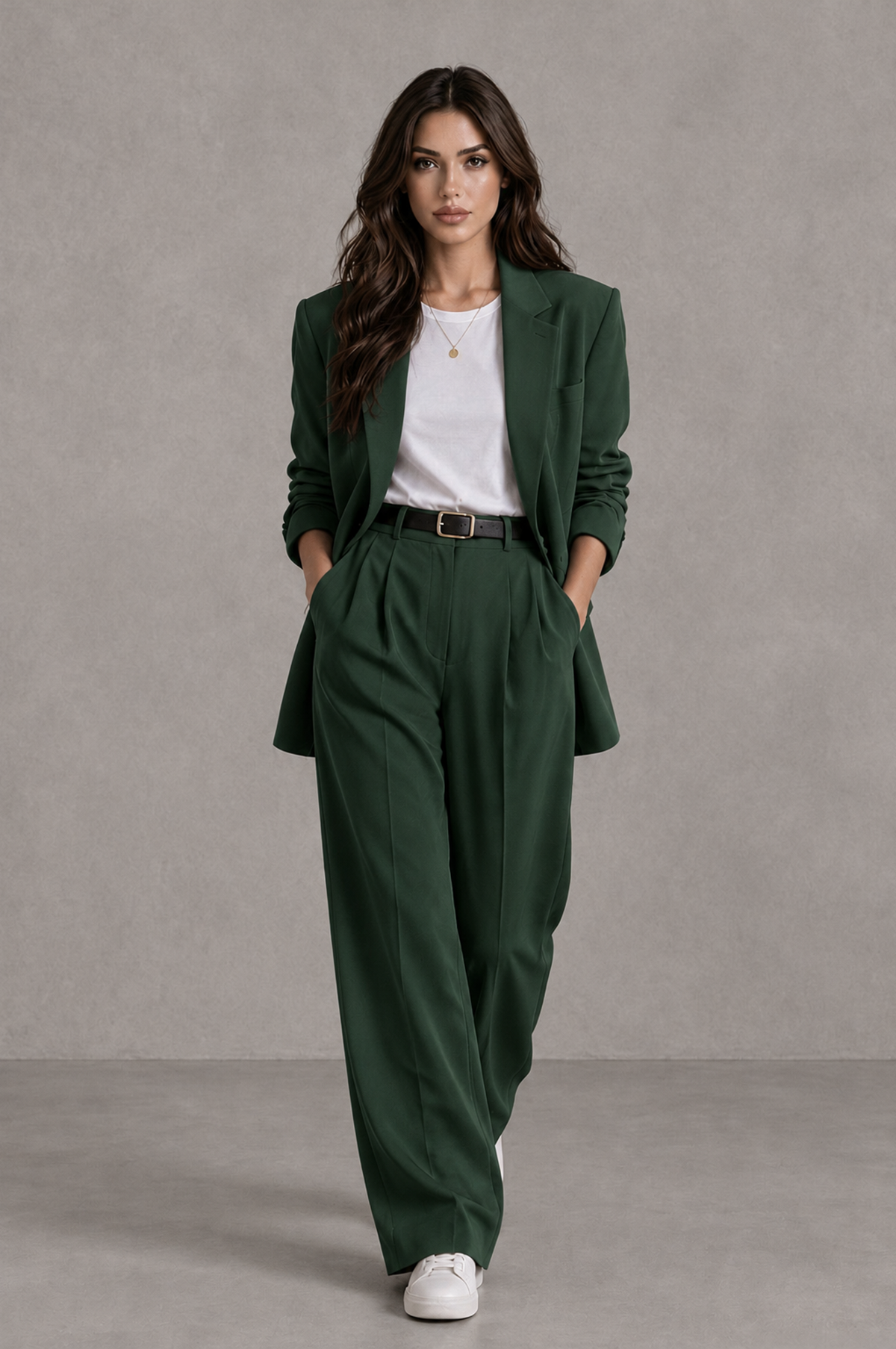 BOLODOO Dark Green Brown Blazer & Wide-Leg Pants Suit for Women - Dark Green - Dark Green_04