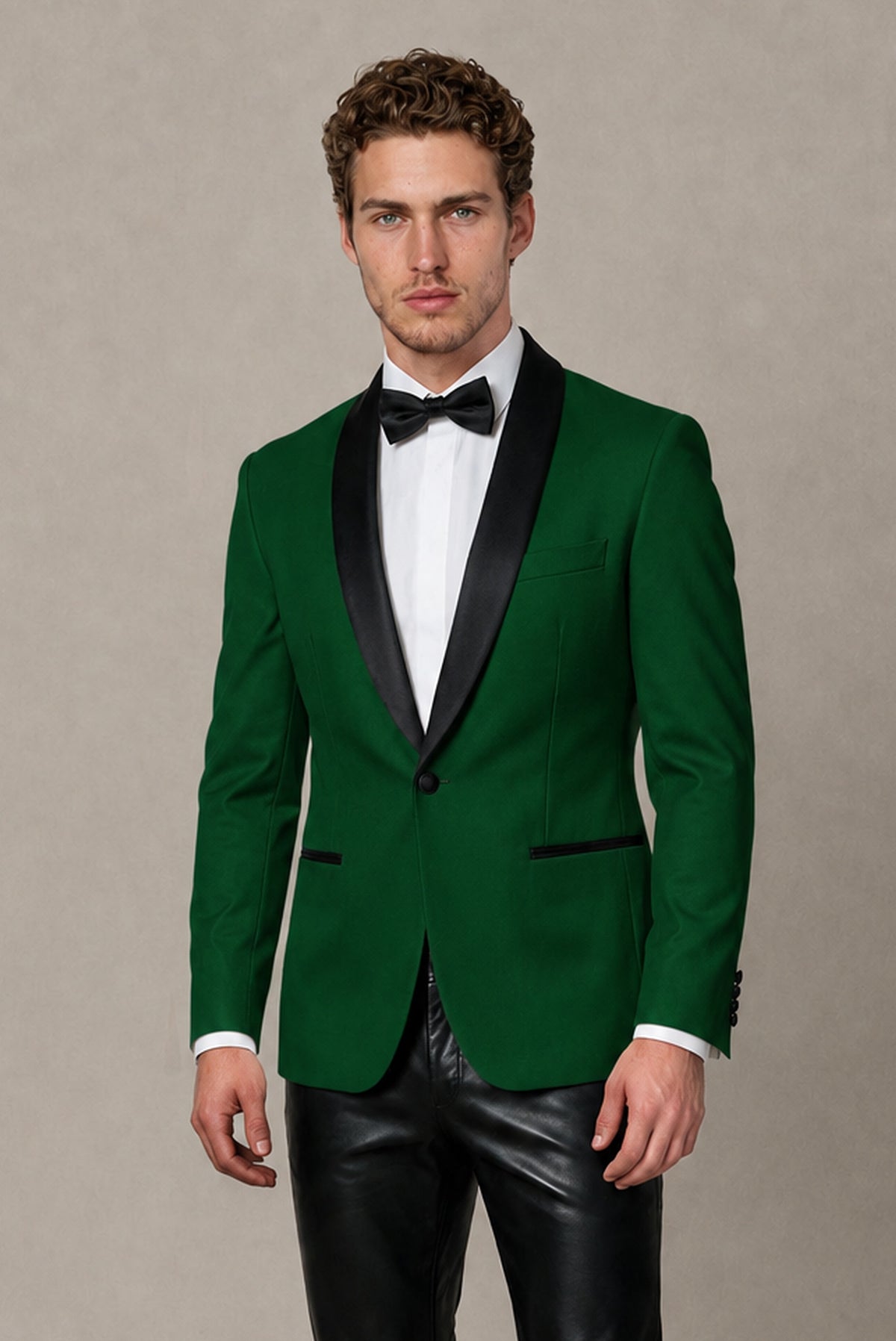 BOLODOO Men's Dark Green Tuxedo Blazer | Black Shawl Lapel Single-Breasted Formal Jacket - Dark Green