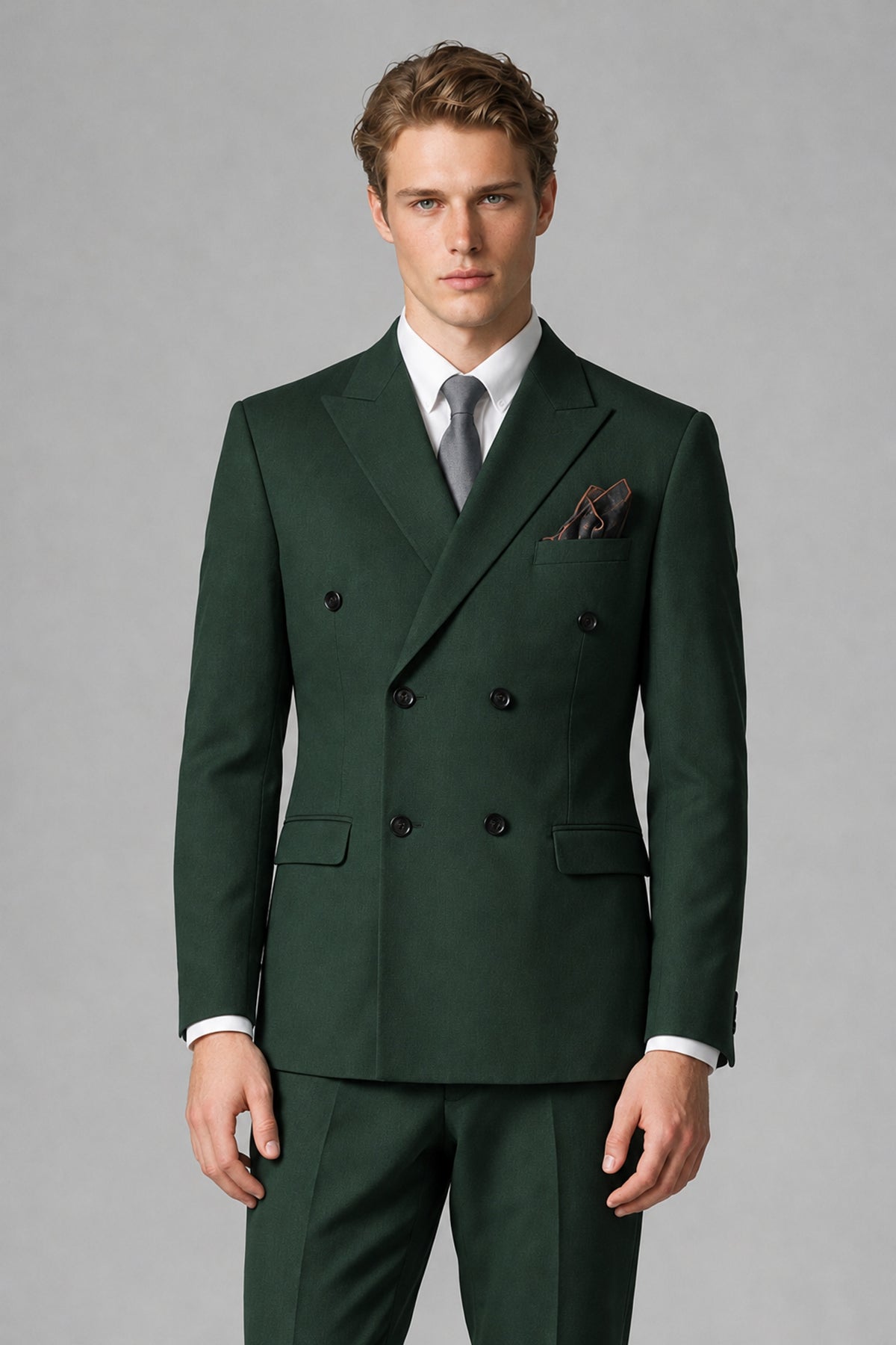 Bolodoo Men's Dark Green Double-Breasted Two-Piece Suit with Peak Lapels - Dark Green - Dark Green_1