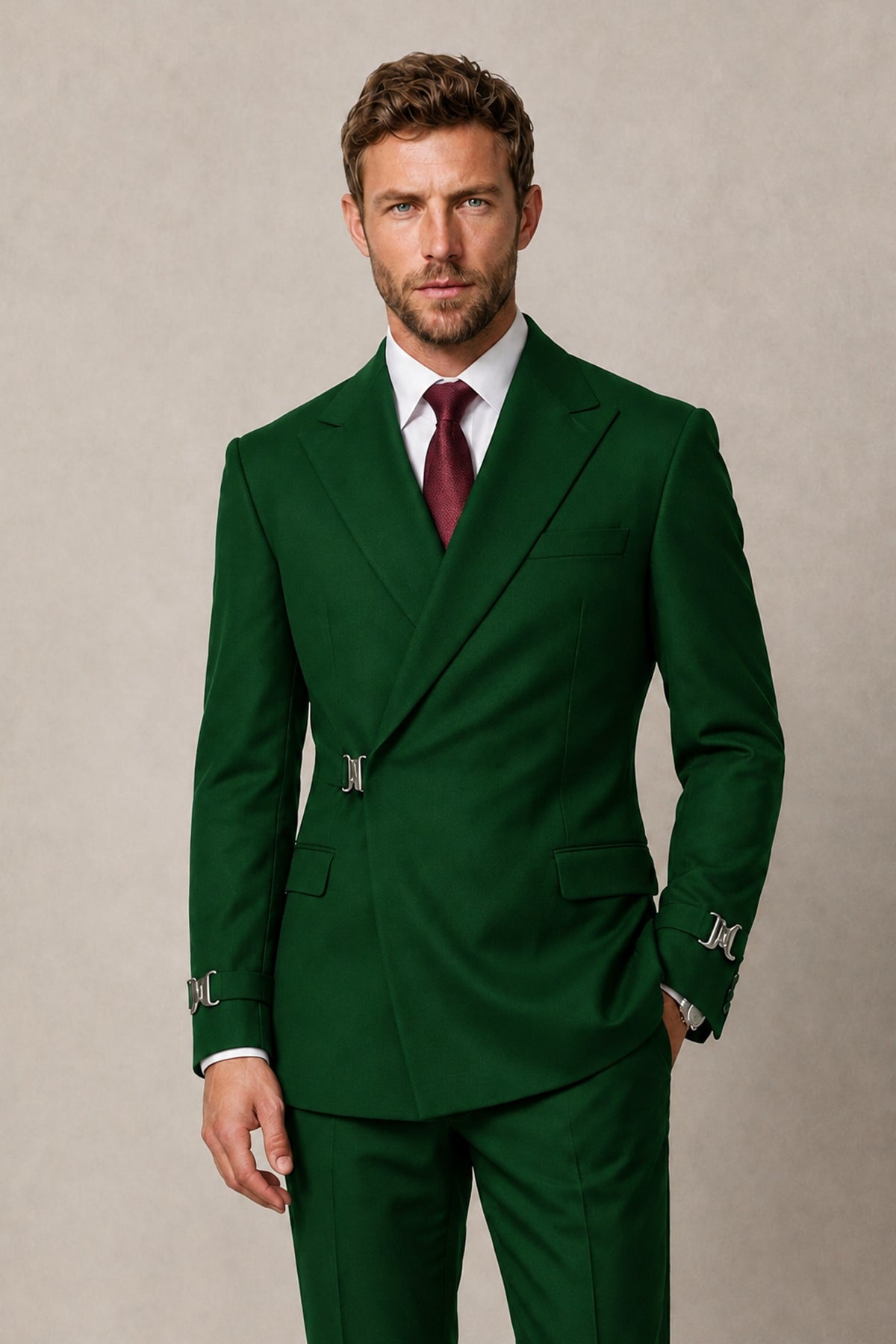 BOLODOO Men's Dark Green Double-Breasted 2-Piece Suit Set – Blazer & Tailored Trousers - Dark Green