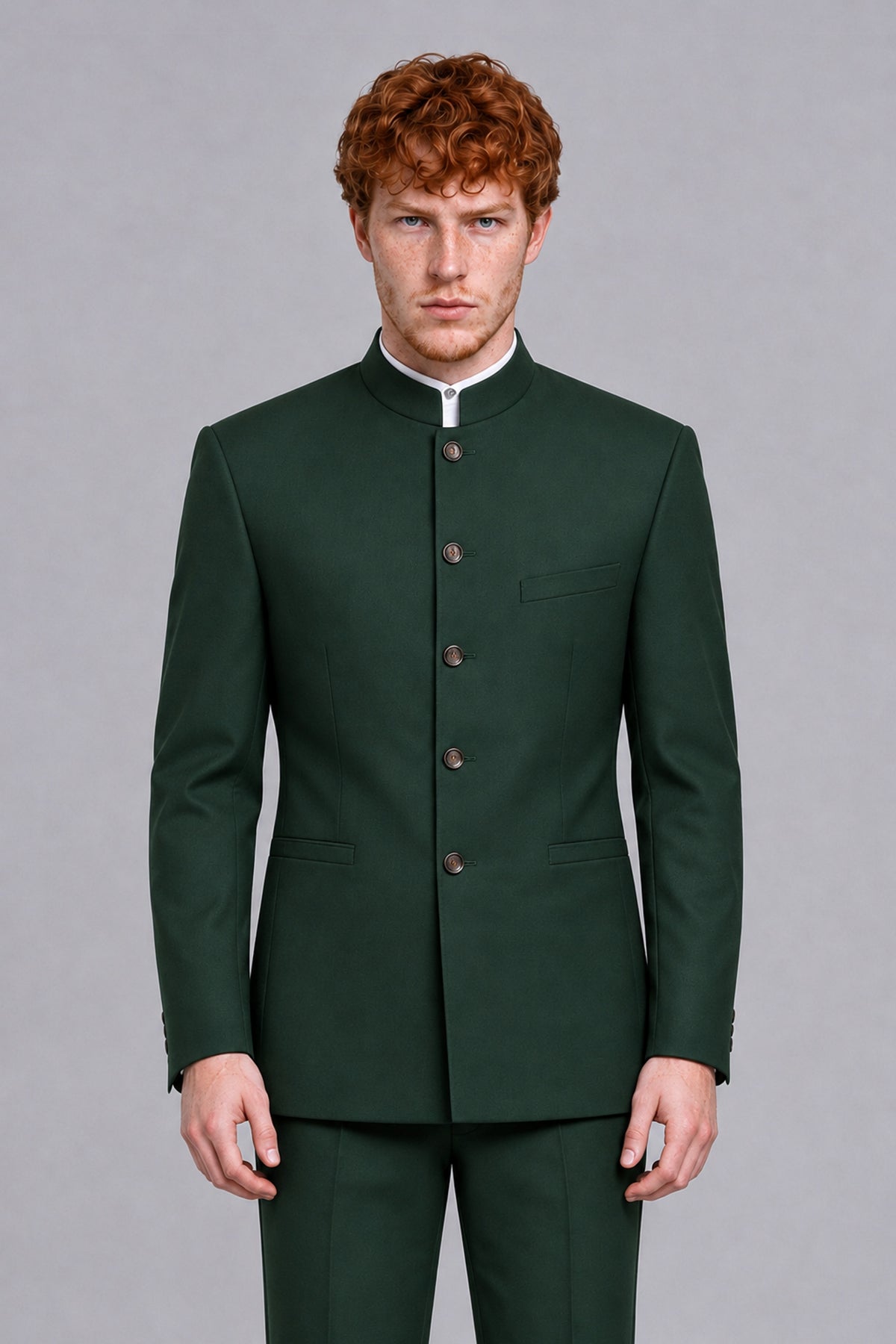 BOLODOO Men's Dark Green Mandarin Collar Two-Piece Suit - Dark Green - Dark Green_1