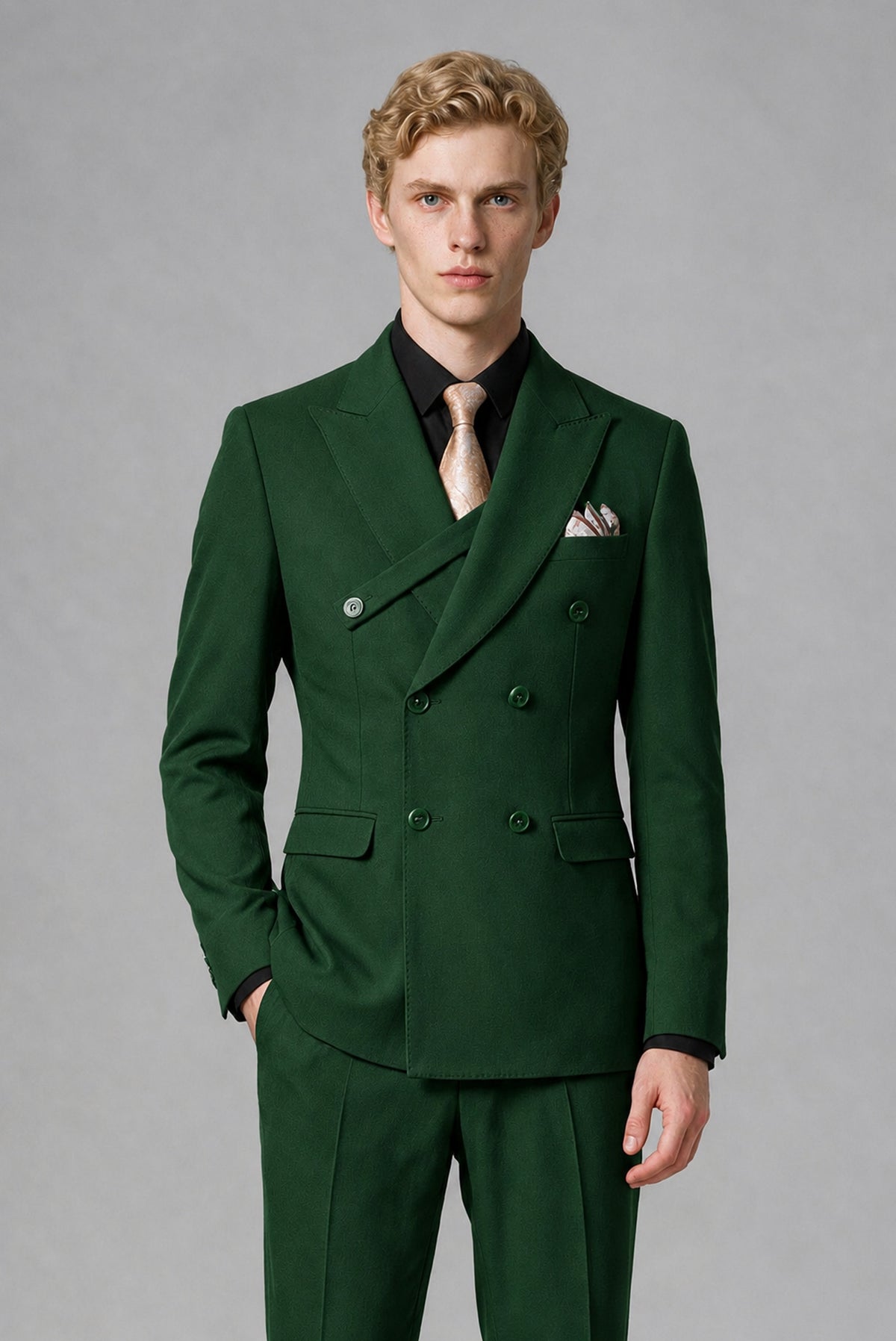 BOLODOO Men's Dark Green Double-Breasted Two-Piece Suit – Jacket & Trousers - Dark Green