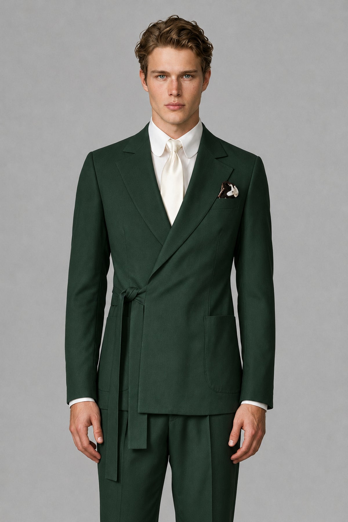 Bolodoo Men's Dark Green Wrap Tie-Waist Two-Piece Suit – Jacket & Trousers - Dark Green - Dark Green_1