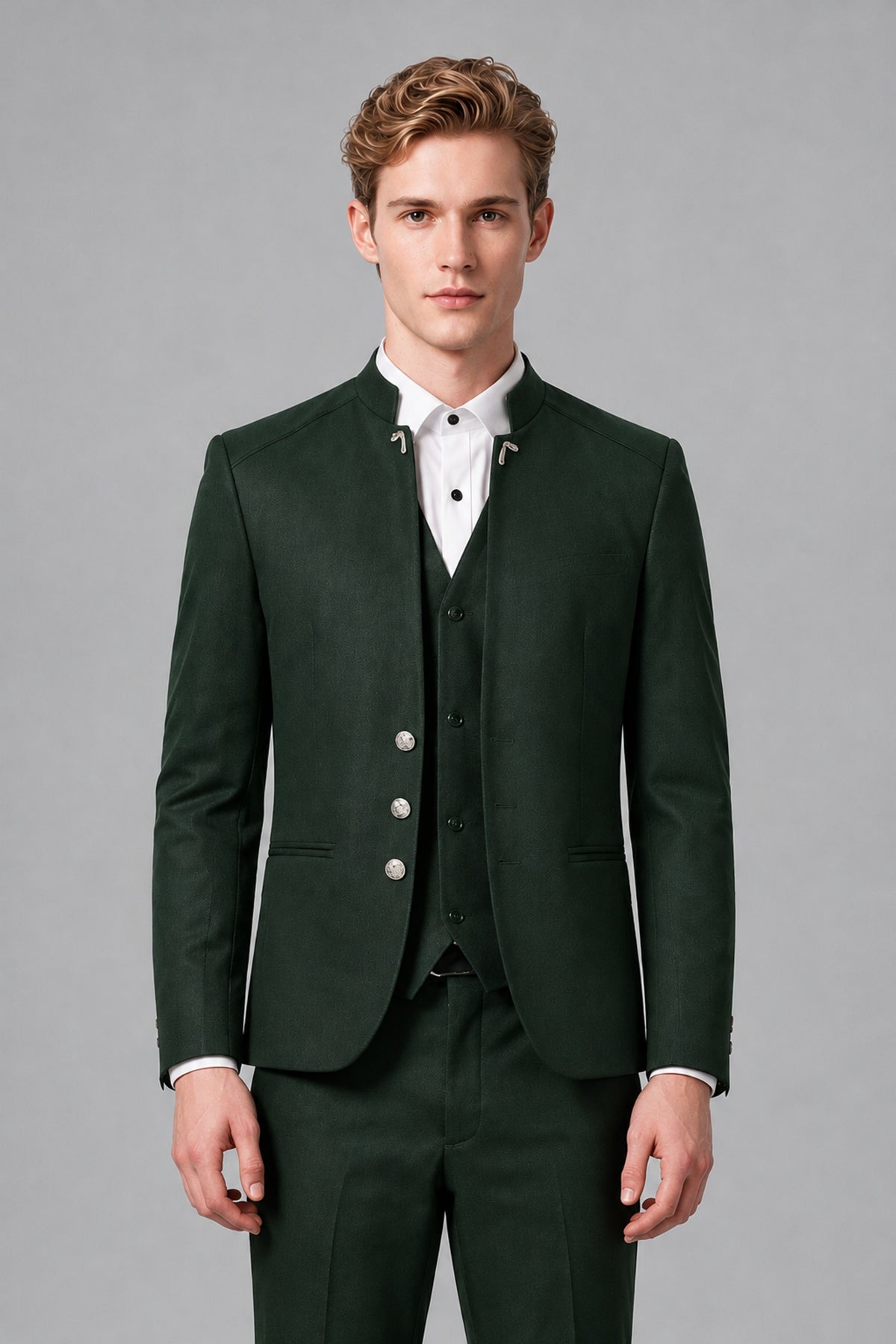 Bolodoo Men's Dark Green Mandarin Collar 3-Piece Suit – Jacket, Vest & Trousers - Dark Green - Dark Green_1
