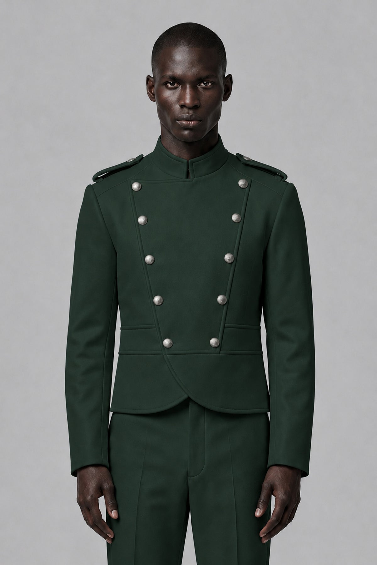 Bolodoo Men's Dark Green Military-Inspired Two-Piece Suit with Stand Collar - Dark Green - Dark Green_1