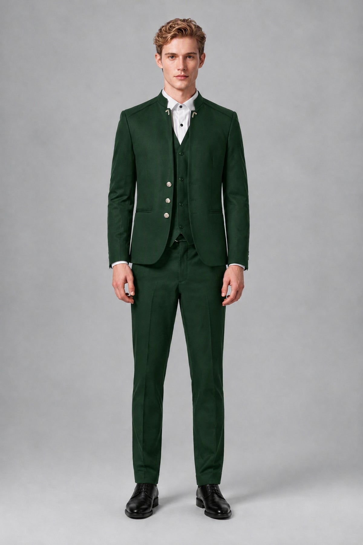 Bolodoo Men's Dark Green Mandarin Collar 3-Piece Suit – Jacket, Vest & Trousers - Dark Green - Dark Green_2
