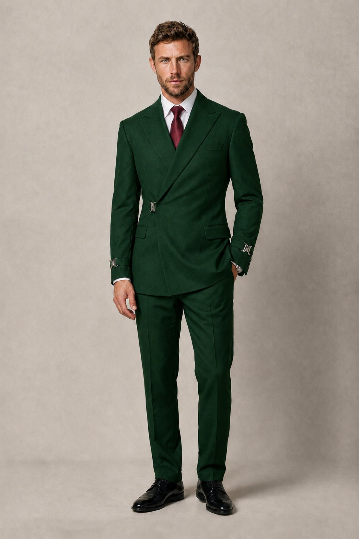 BOLODOO Men's Dark Green Double-Breasted 2-Piece Suit Set – Blazer & Tailored Trousers - Dark Green