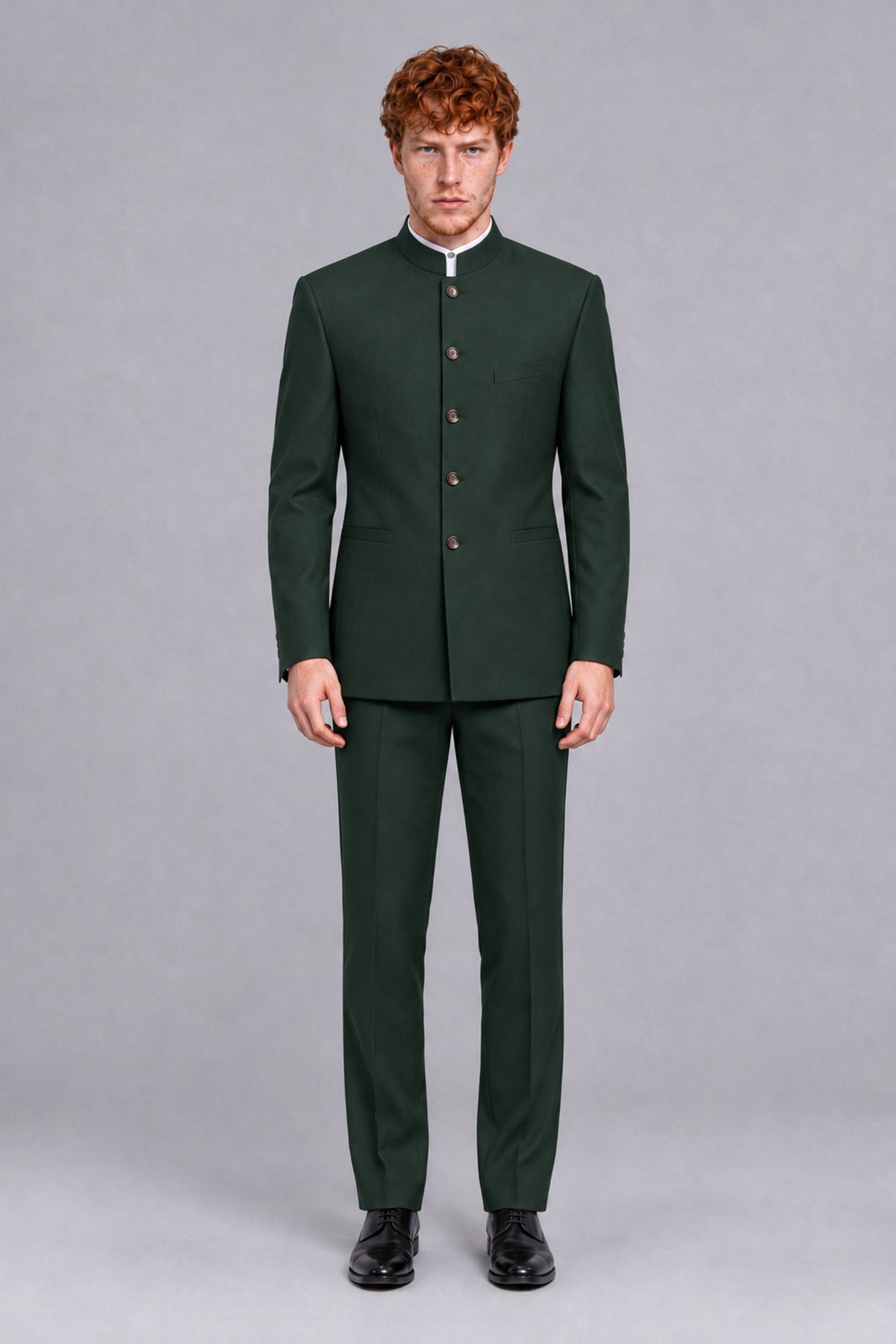 BOLODOO Men's Dark Green Mandarin Collar Two-Piece Suit - Dark Green - Dark Green_2
