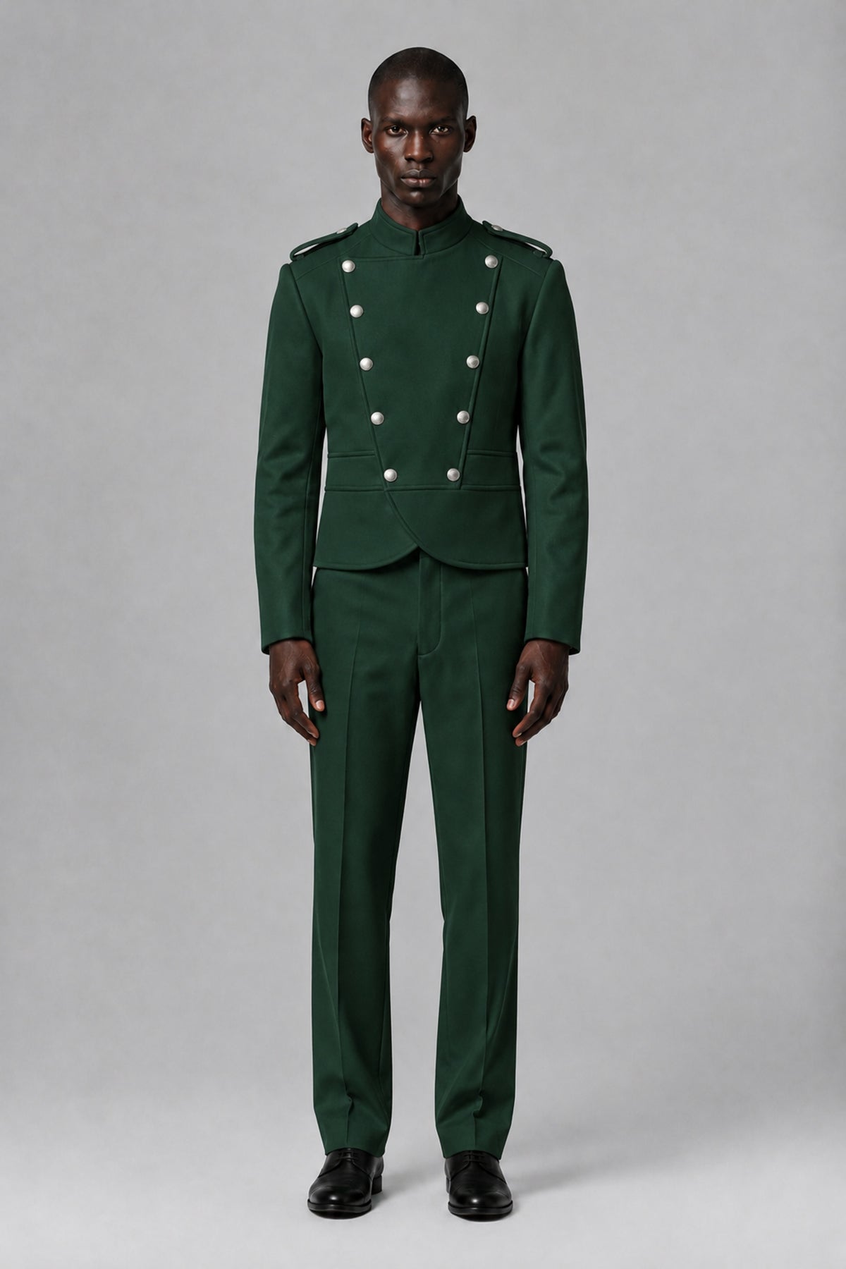 Bolodoo Men's Dark Green Military-Inspired Two-Piece Suit with Stand Collar - Dark Green - Dark Green_2