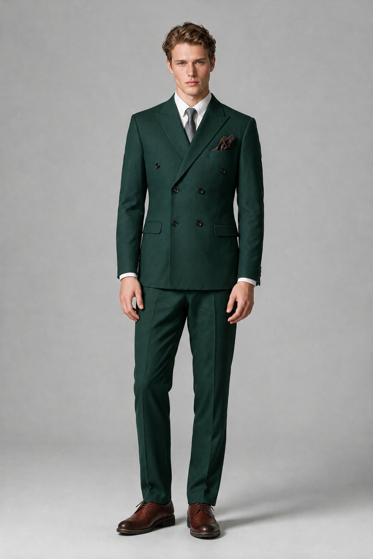 Bolodoo Men's Dark Green Double-Breasted Two-Piece Suit with Peak Lapels - Dark Green - Dark Green_2