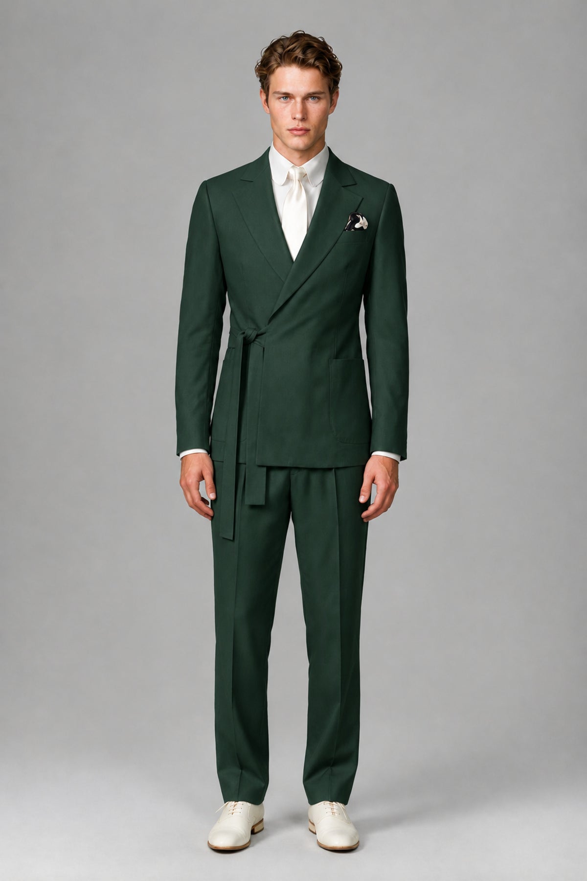 Bolodoo Men's Dark Green Wrap Tie-Waist Two-Piece Suit – Jacket & Trousers - Dark Green - Dark Green_2