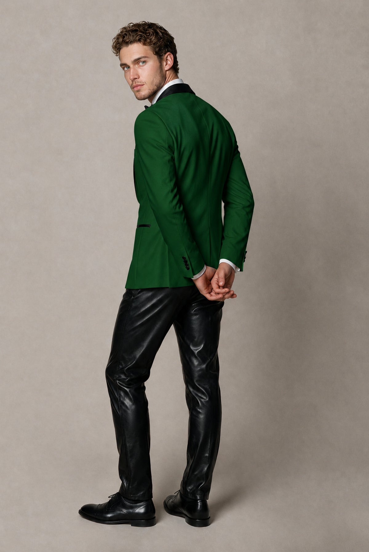 BOLODOO Men's Dark Green Tuxedo Blazer | Black Shawl Lapel Single-Breasted Formal Jacket - Dark Green