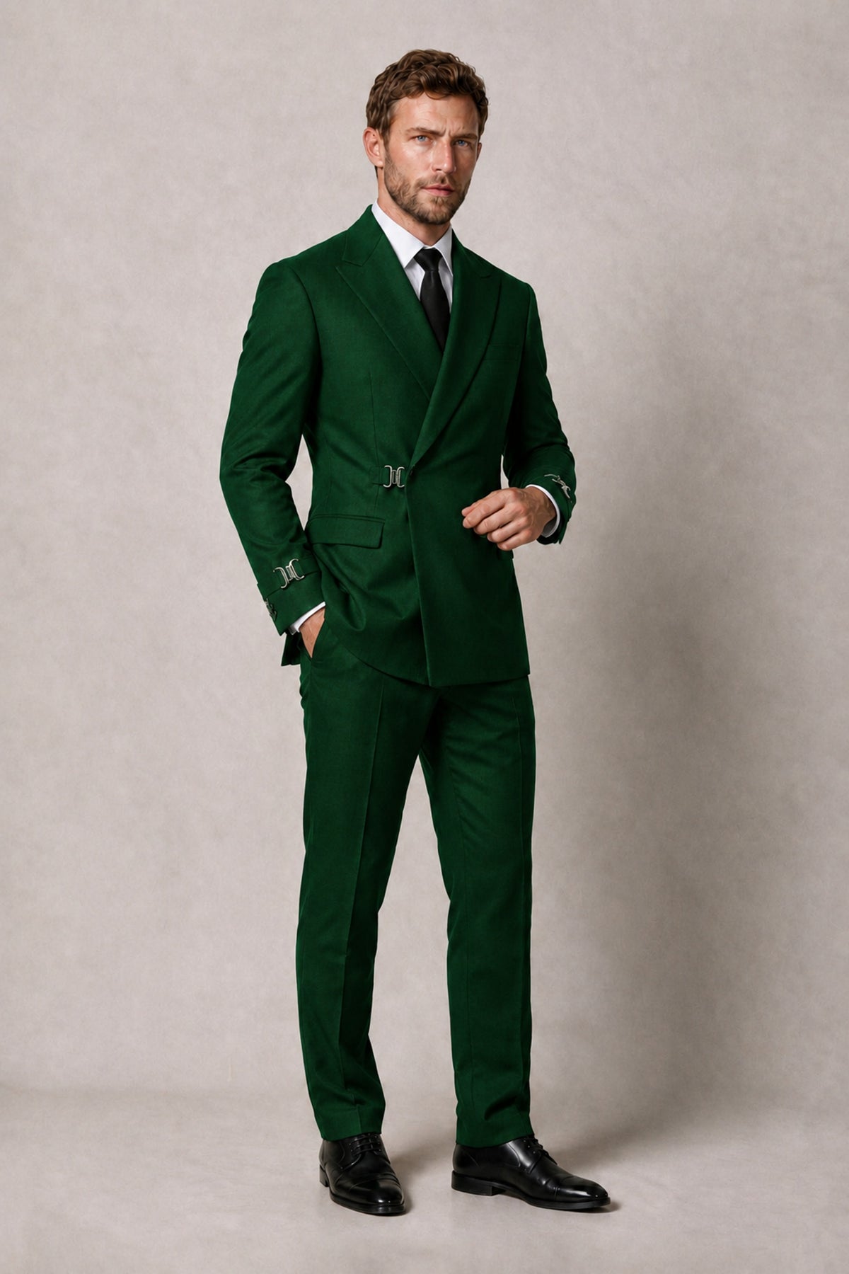 BOLODOO Men's Dark Green Double-Breasted 2-Piece Suit Set – Blazer & Tailored Trousers - Dark Green