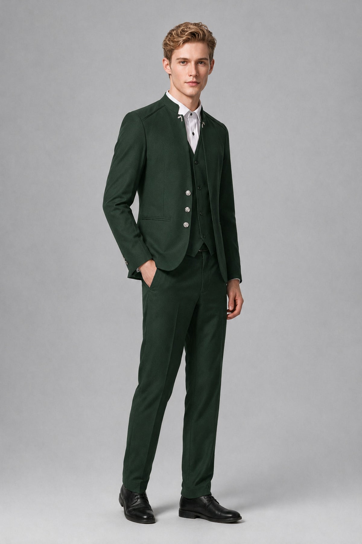 Bolodoo Men's Dark Green Mandarin Collar 3-Piece Suit – Jacket, Vest & Trousers - Dark Green - Dark Green_4