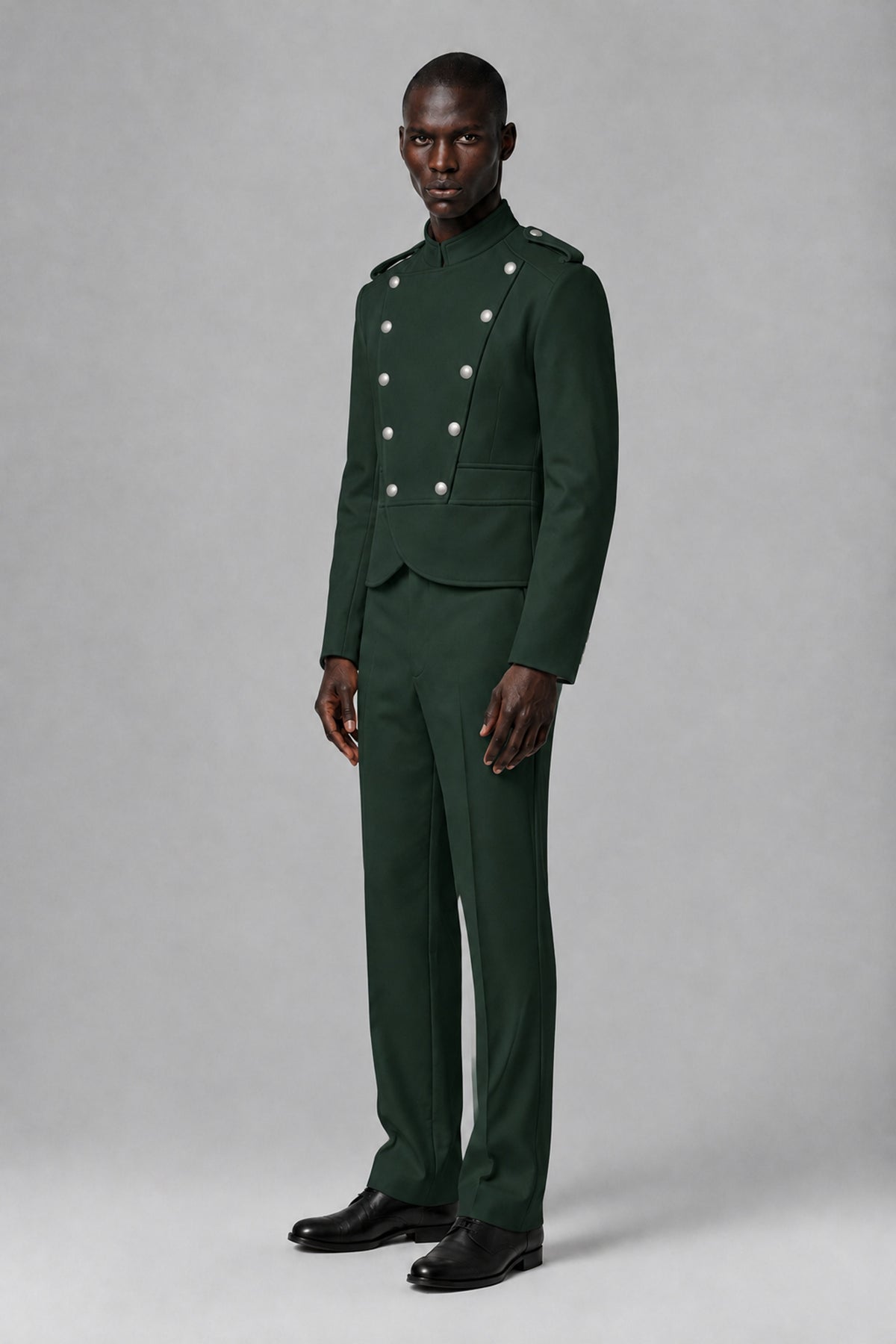 Bolodoo Men's Dark Green Military-Inspired Two-Piece Suit with Stand Collar - Dark Green - Dark Green_4
