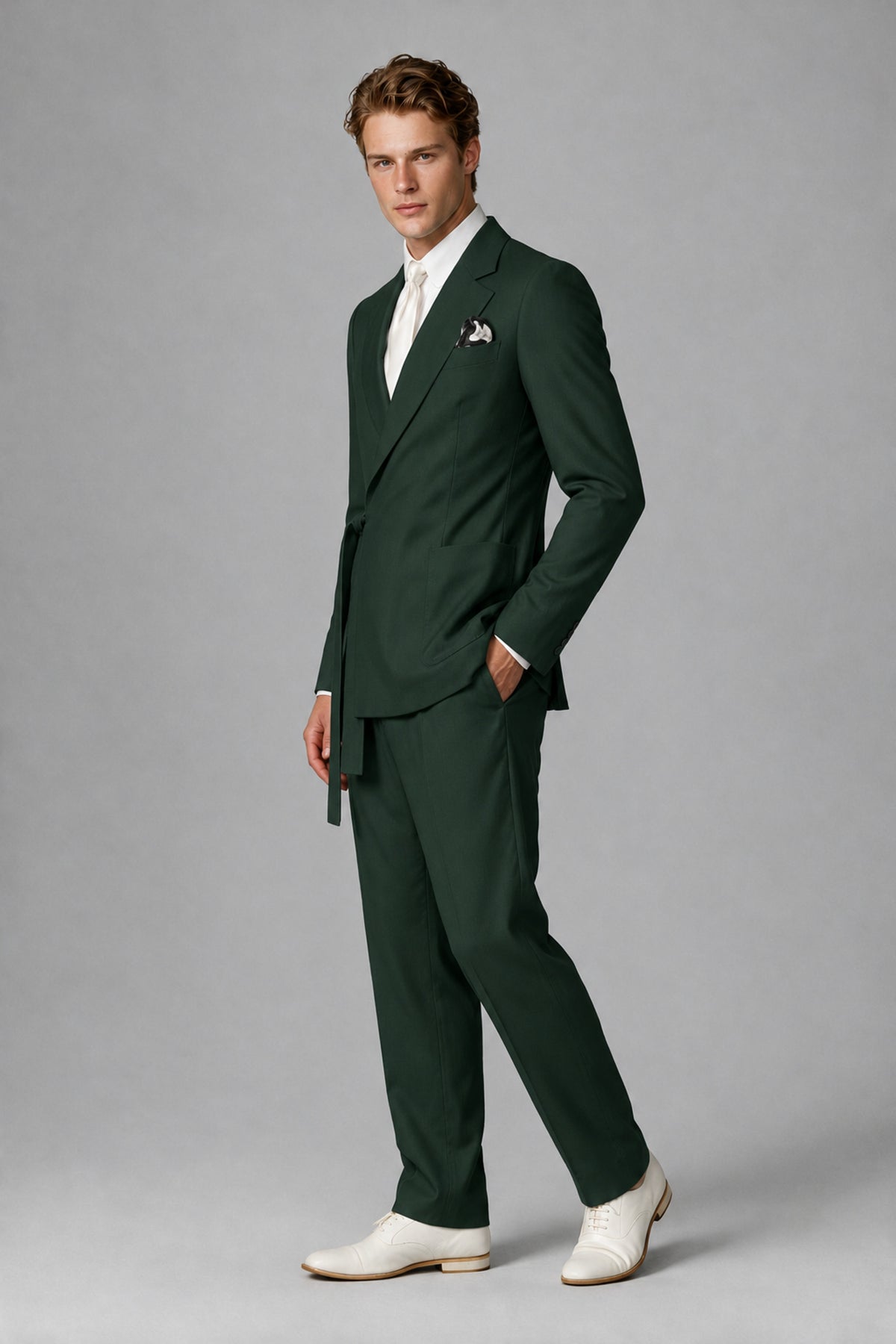 Bolodoo Men's Dark Green Wrap Tie-Waist Two-Piece Suit – Jacket & Trousers - Dark Green - Dark Green_4