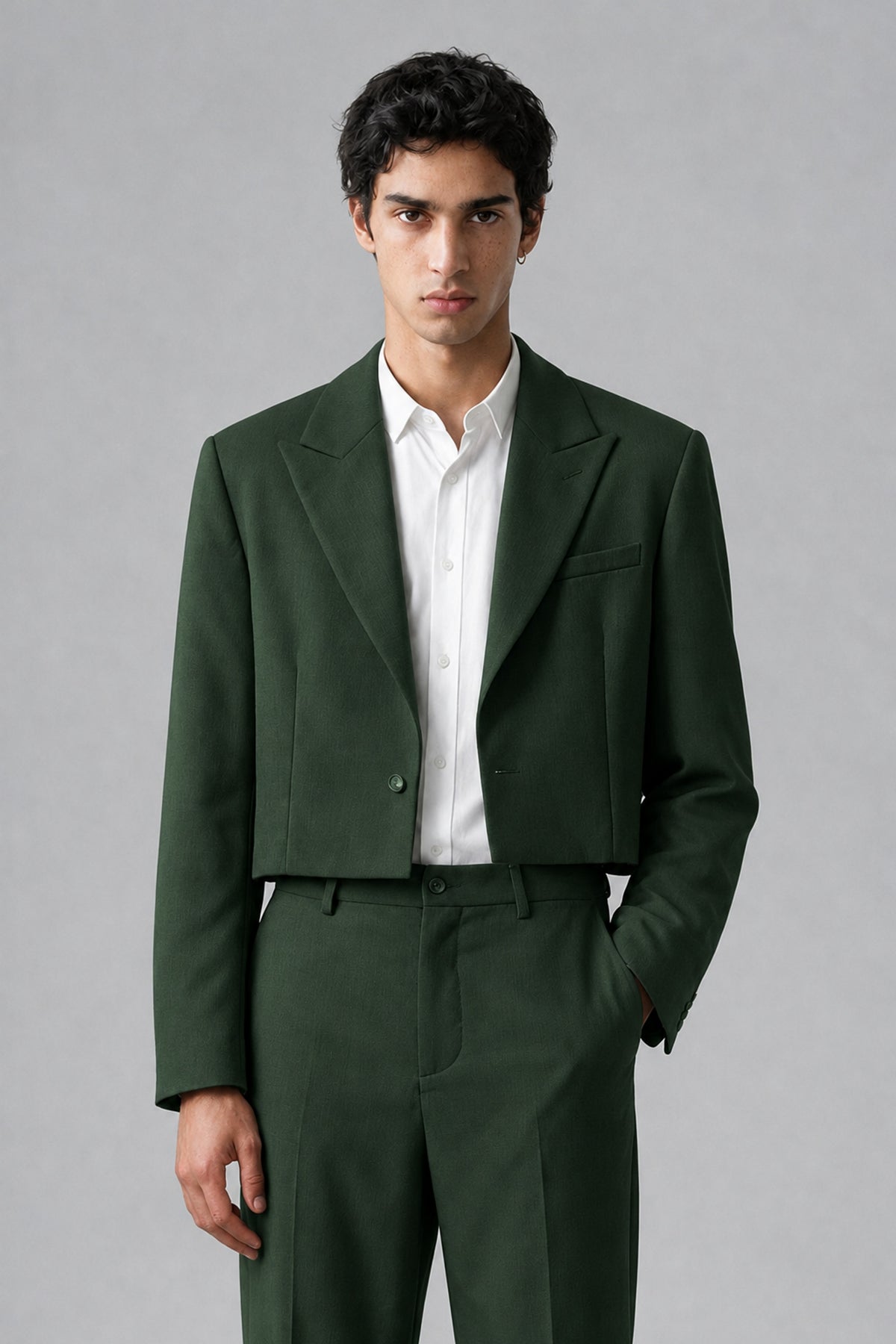 Bolodoo Men's Dark Green Cropped Blazer & Wide-Leg Trousers 2-Piece Suit - Dark Green - Dark Green (1)