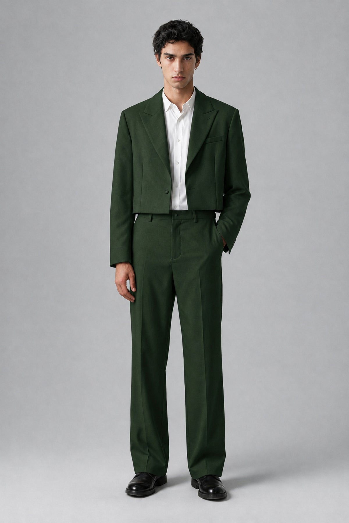 Bolodoo Men's Dark Green Cropped Blazer & Wide-Leg Trousers 2-Piece Suit - Dark Green - Dark Green (2)