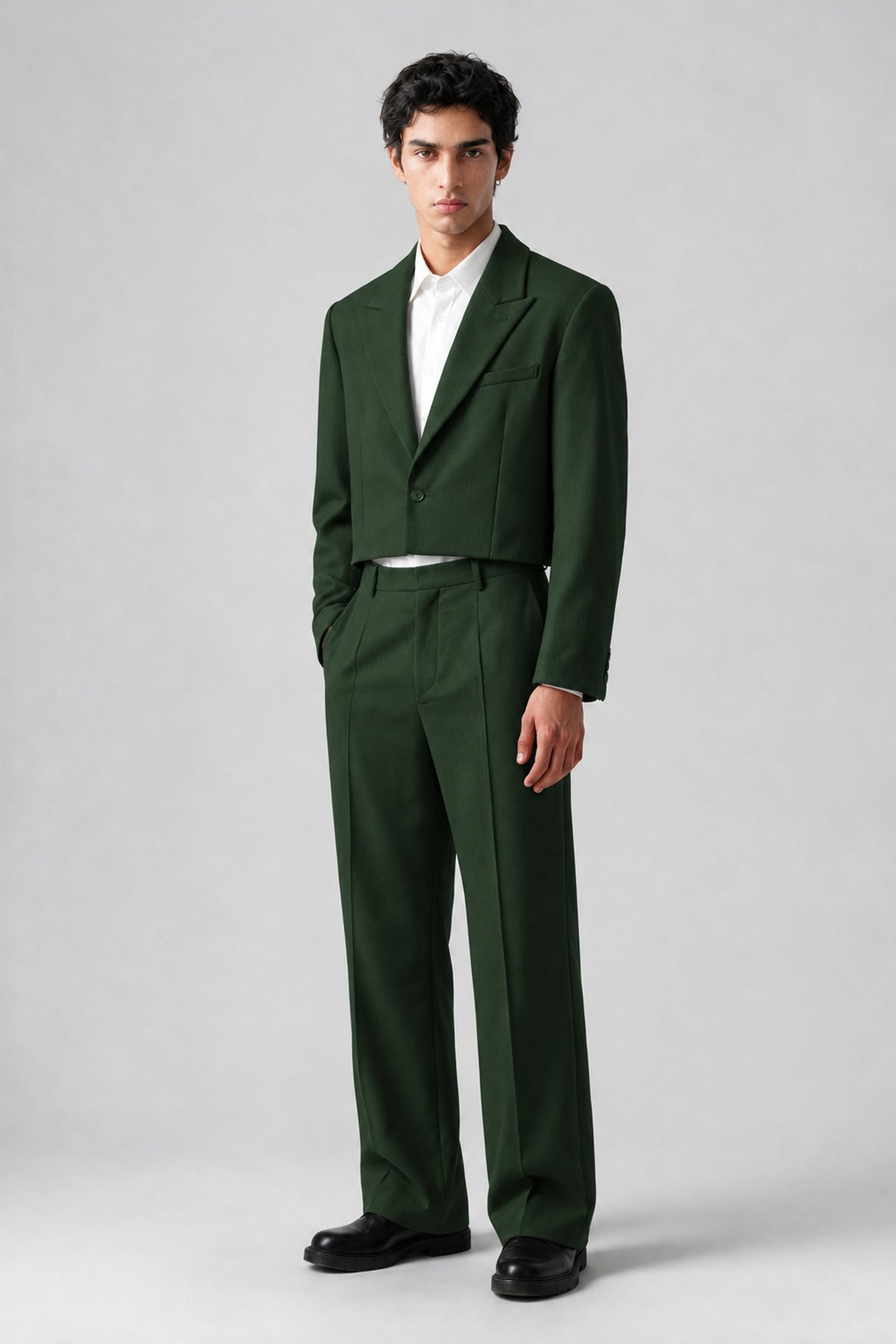 Bolodoo Men's Dark Green Cropped Blazer & Wide-Leg Trousers 2-Piece Suit - Dark Green - Dark Green (3)