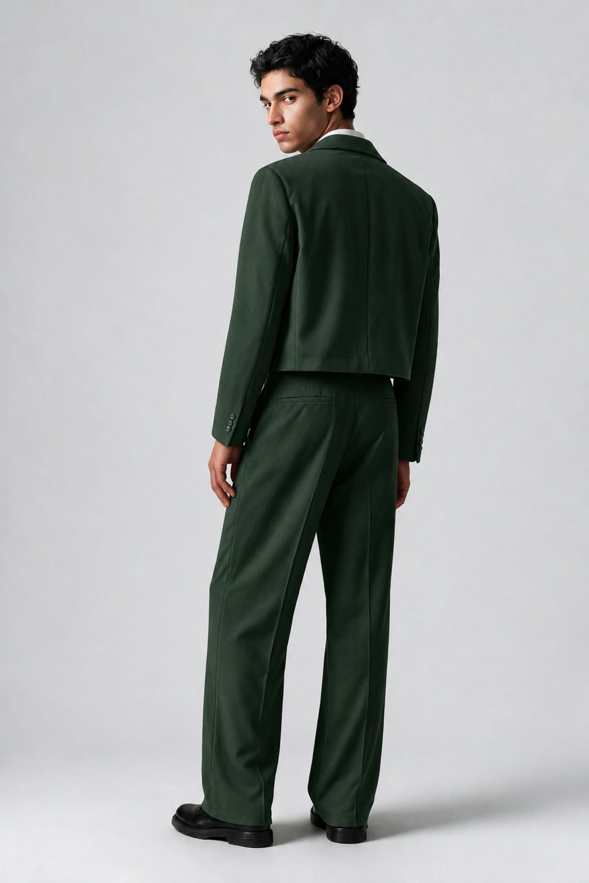 Bolodoo Men's Dark Green Cropped Blazer & Wide-Leg Trousers 2-Piece Suit - Dark Green - Dark Green (4)