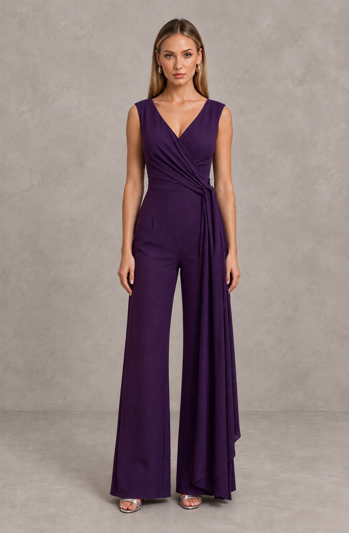 BOLODOO Dark Purple Sleeveless V-Neck Wide-Leg Jumpsuit with Side Drape - Dark Purple - Dark Purple_01