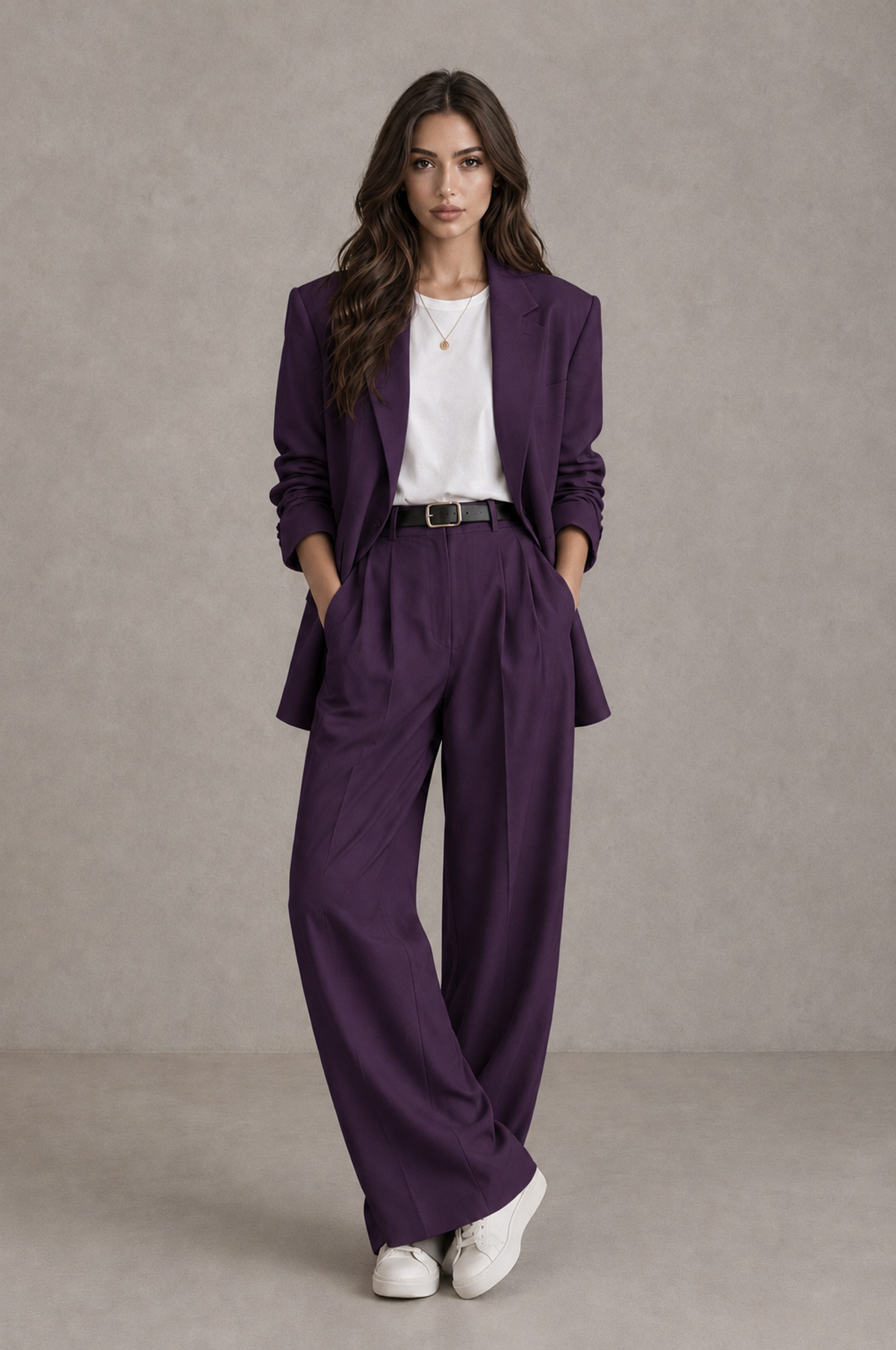 BOLODOO Dark Purple Brown Blazer & Wide-Leg Pants Suit for Women - Dark Purple - Dark Purple_01