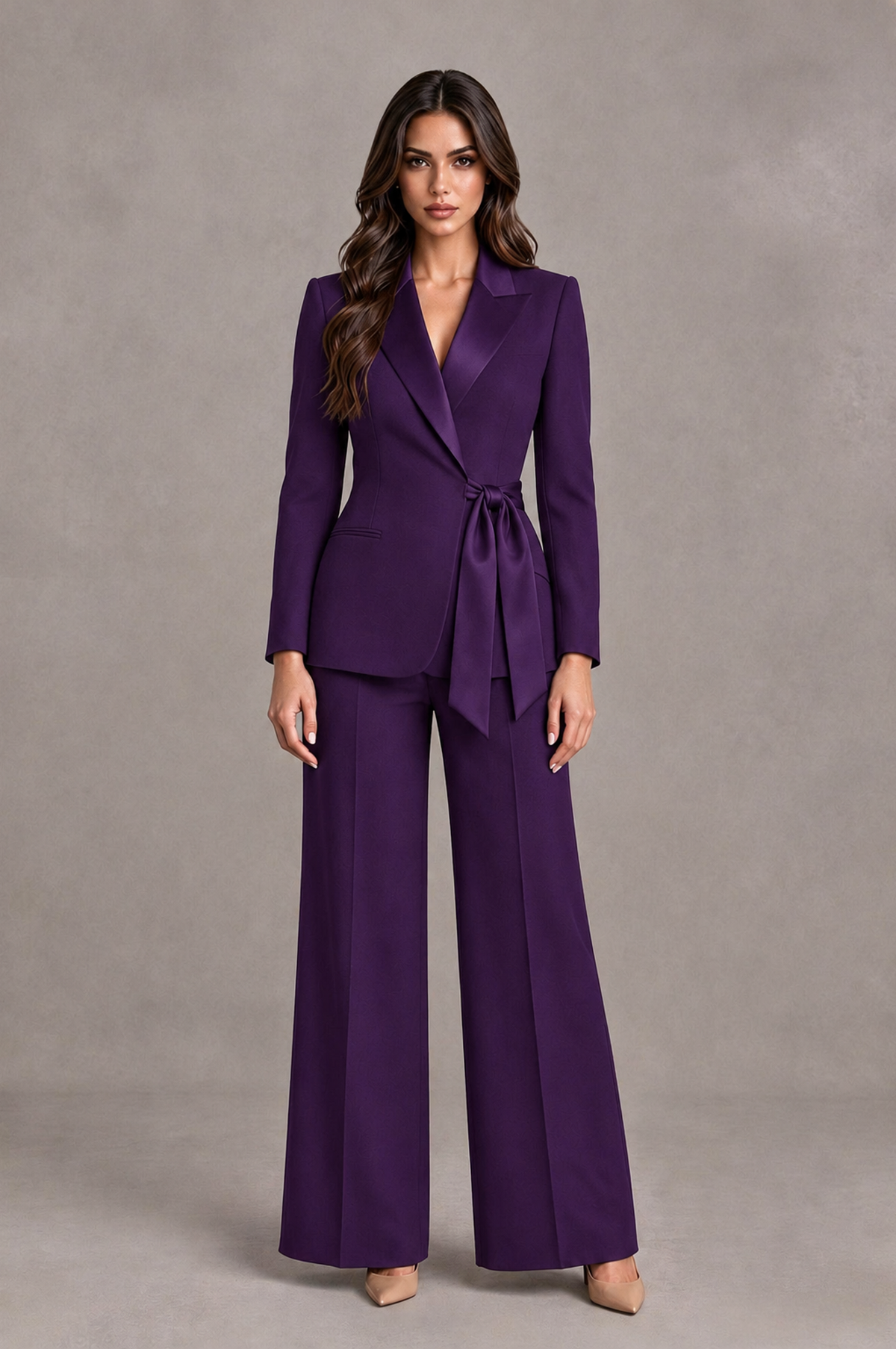 BOLODOO Dark Purple Tie-Waist Blazer & Wide-Leg Pantsuit - Dark Purple - Dark Purple_01