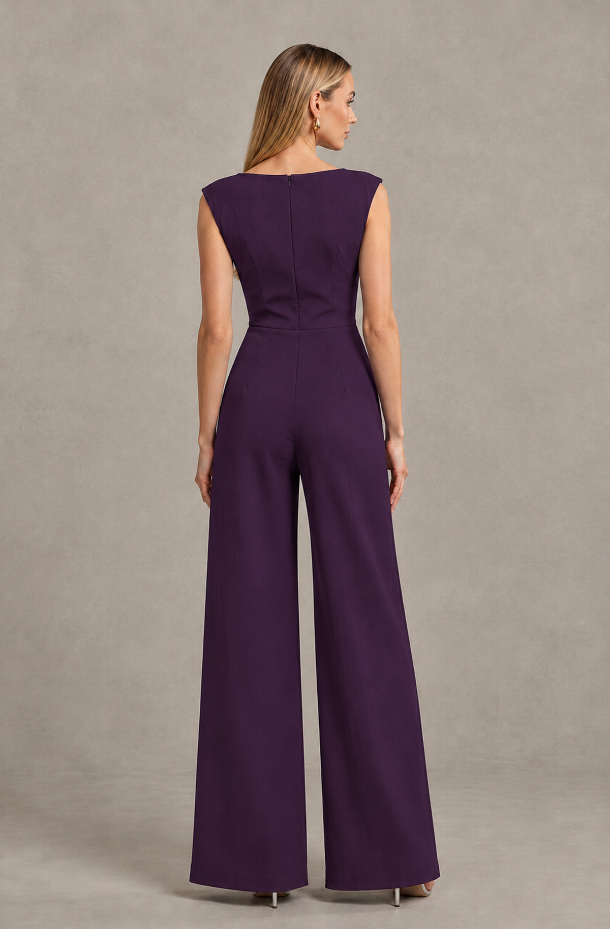BOLODOO Dark Purple Sleeveless V-Neck Wide-Leg Jumpsuit with Side Drape - Dark Purple - Dark Purple_02