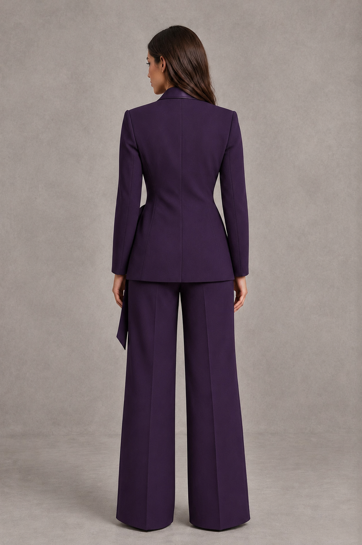 BOLODOO Dark Purple Tie-Waist Blazer & Wide-Leg Pantsuit - Dark Purple - Dark Purple_02