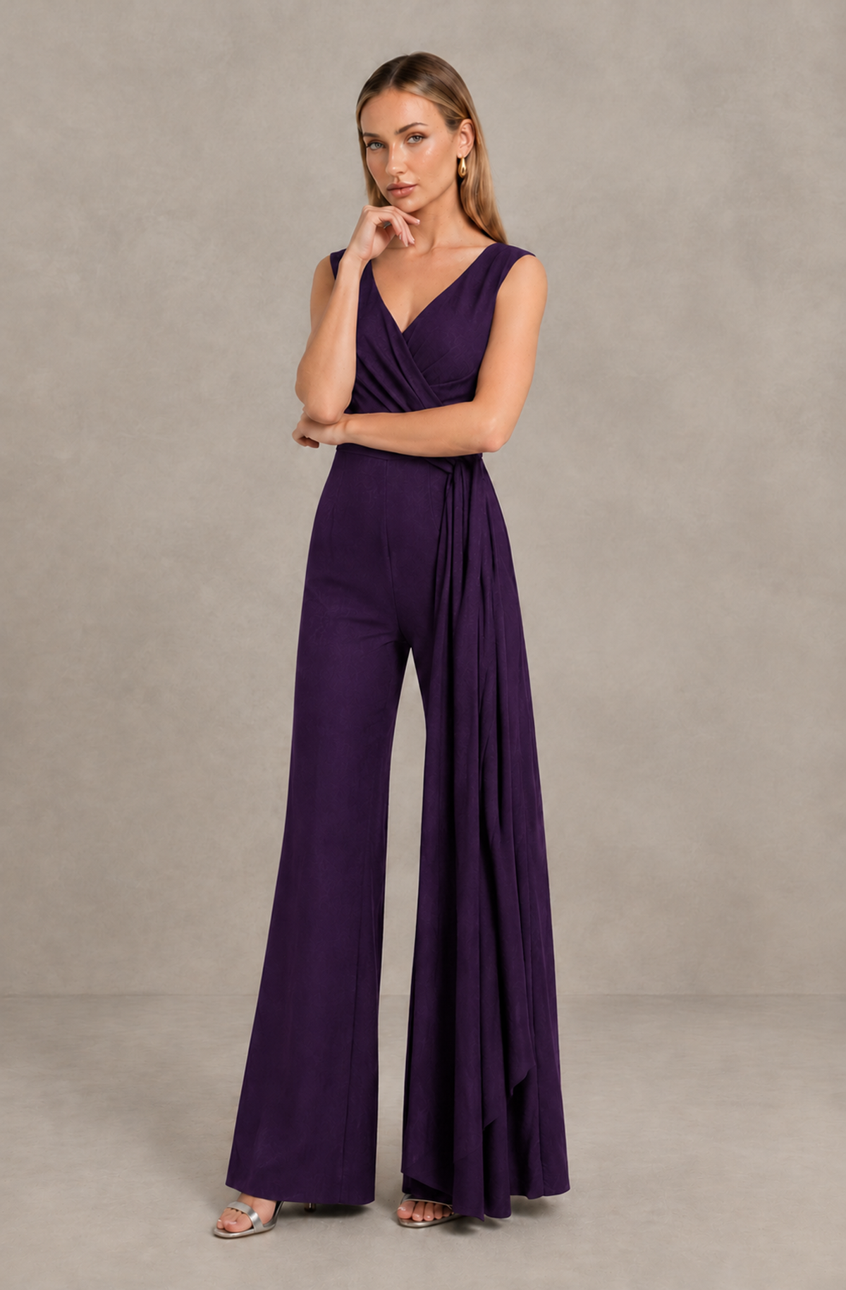 BOLODOO Dark Purple Sleeveless V-Neck Wide-Leg Jumpsuit with Side Drape - Dark Purple - Dark Purple_03