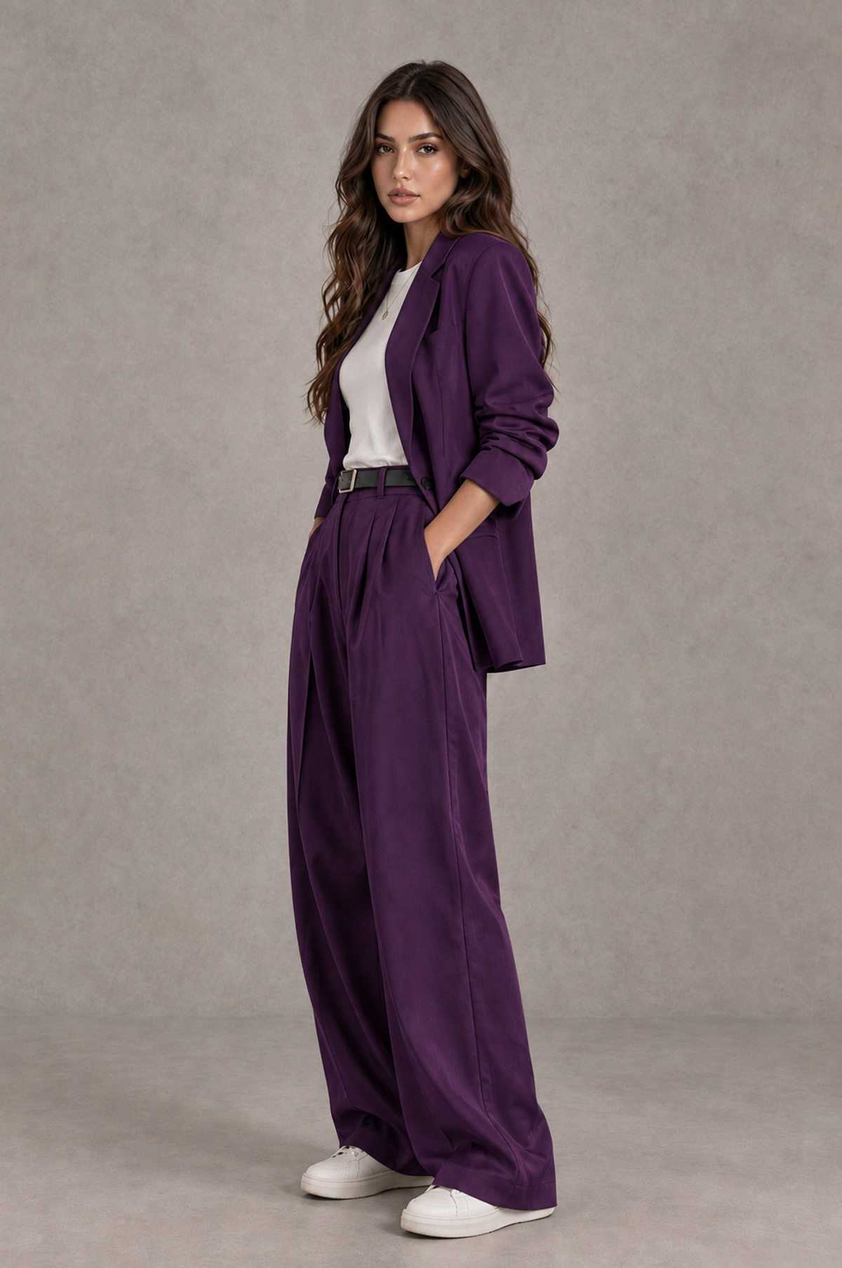 BOLODOO Dark Purple Brown Blazer & Wide-Leg Pants Suit for Women - Dark Purple - Dark Purple_03