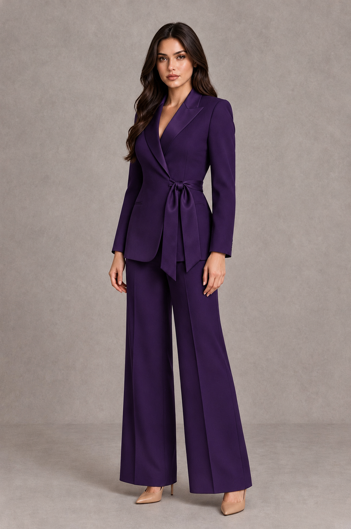 BOLODOO Dark Purple Tie-Waist Blazer & Wide-Leg Pantsuit - Dark Purple - Dark Purple_03