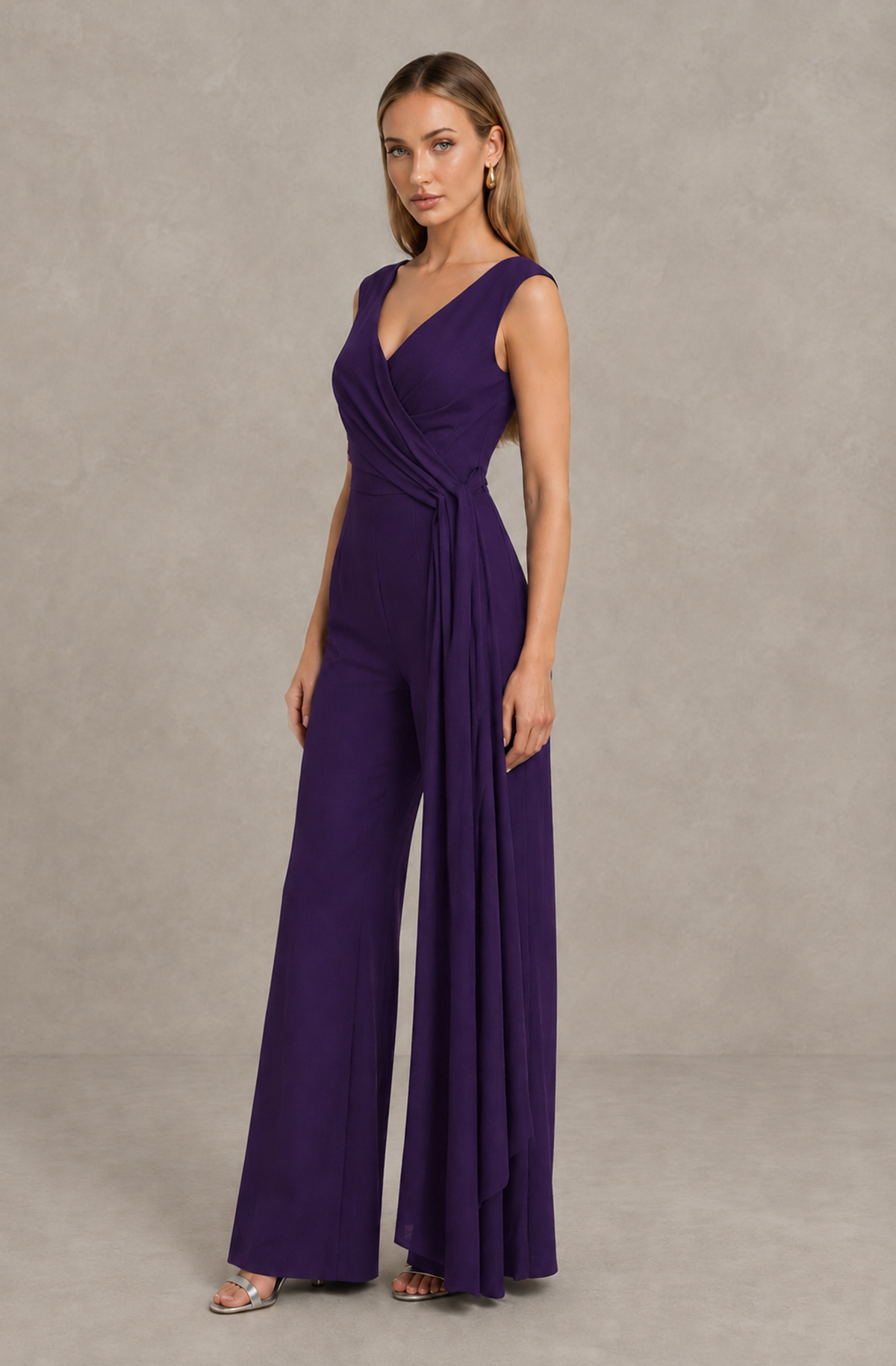 BOLODOO Dark Purple Sleeveless V-Neck Wide-Leg Jumpsuit with Side Drape - Dark Purple - Dark Purple_04