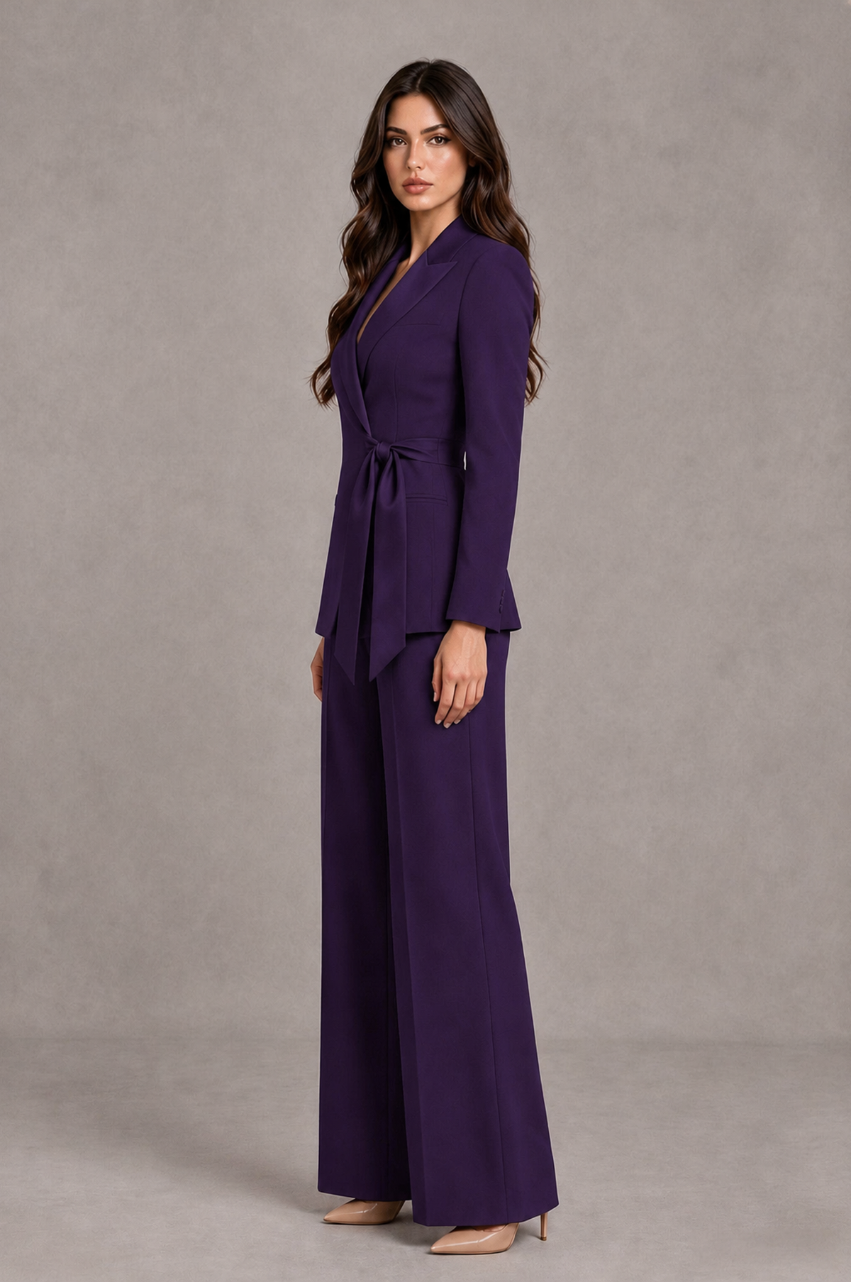 BOLODOO Dark Purple Tie-Waist Blazer & Wide-Leg Pantsuit - Dark Purple - Dark Purple_04