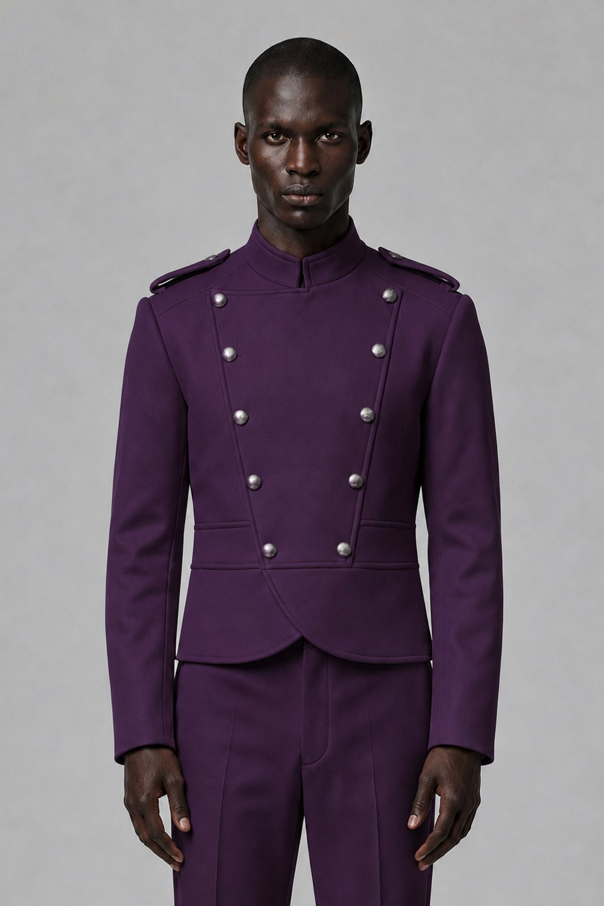 Bolodoo Men's Dark Purple Military-Inspired Two-Piece Suit with Stand Collar - Dark Purple - Dark Purple_1
