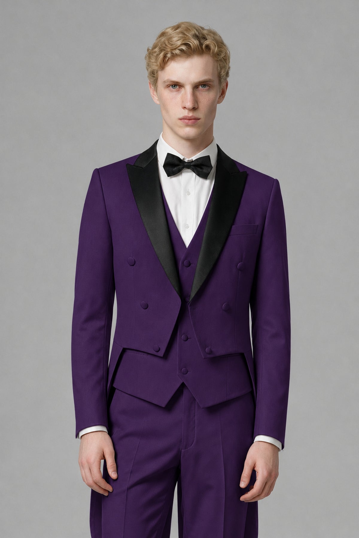 Bolodoo Men's Dark Purple 3-Piece Tailcoat Tuxedo Suit with Vest & Trousers - Dark Purple - Dark Purple_1