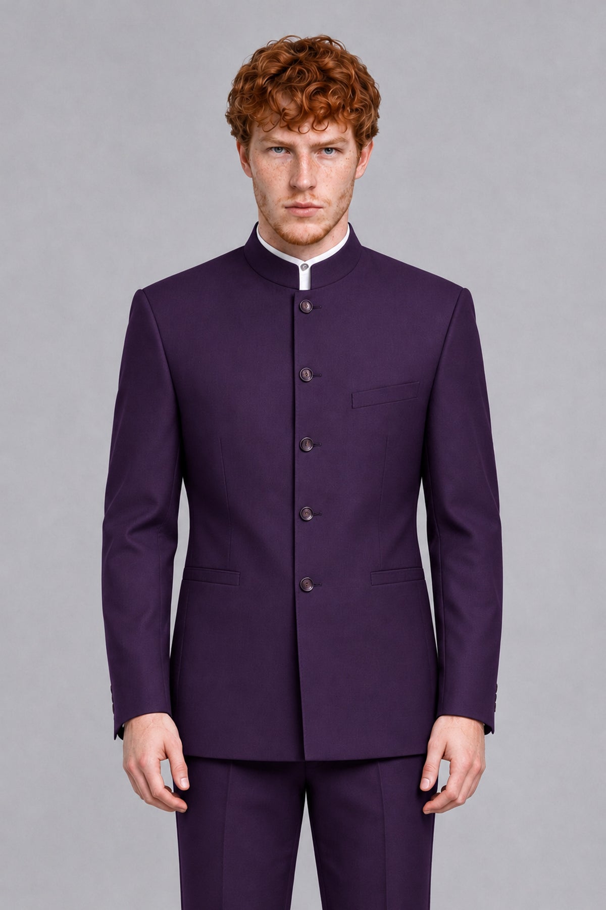 BOLODOO Men's Dark Purple Mandarin Collar Two-Piece Suit - Dark Purple - Dark Purple_1