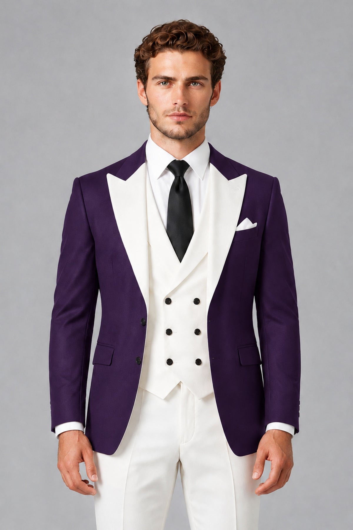 BOLODOO Men's Dark Purple Satin 3-Piece Suit | Blazer, Vest & Trousers Set - Dark Purple - Dark Purple_1