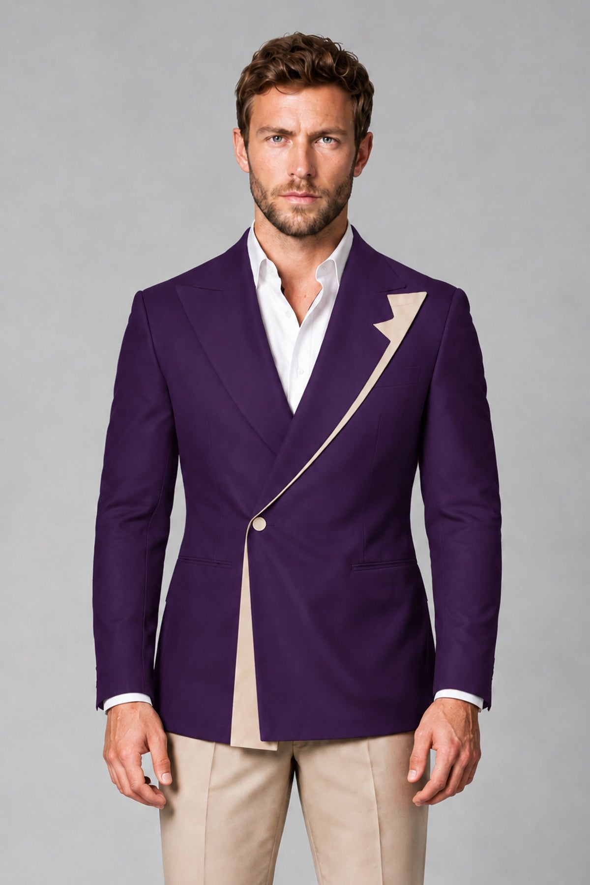 BOLODOO Men's Dark Purple Double-Breasted Blazer & Khaki Trousers Tuxedo 2-Piece Suit Set - Dark Purple - Dark Purple_1