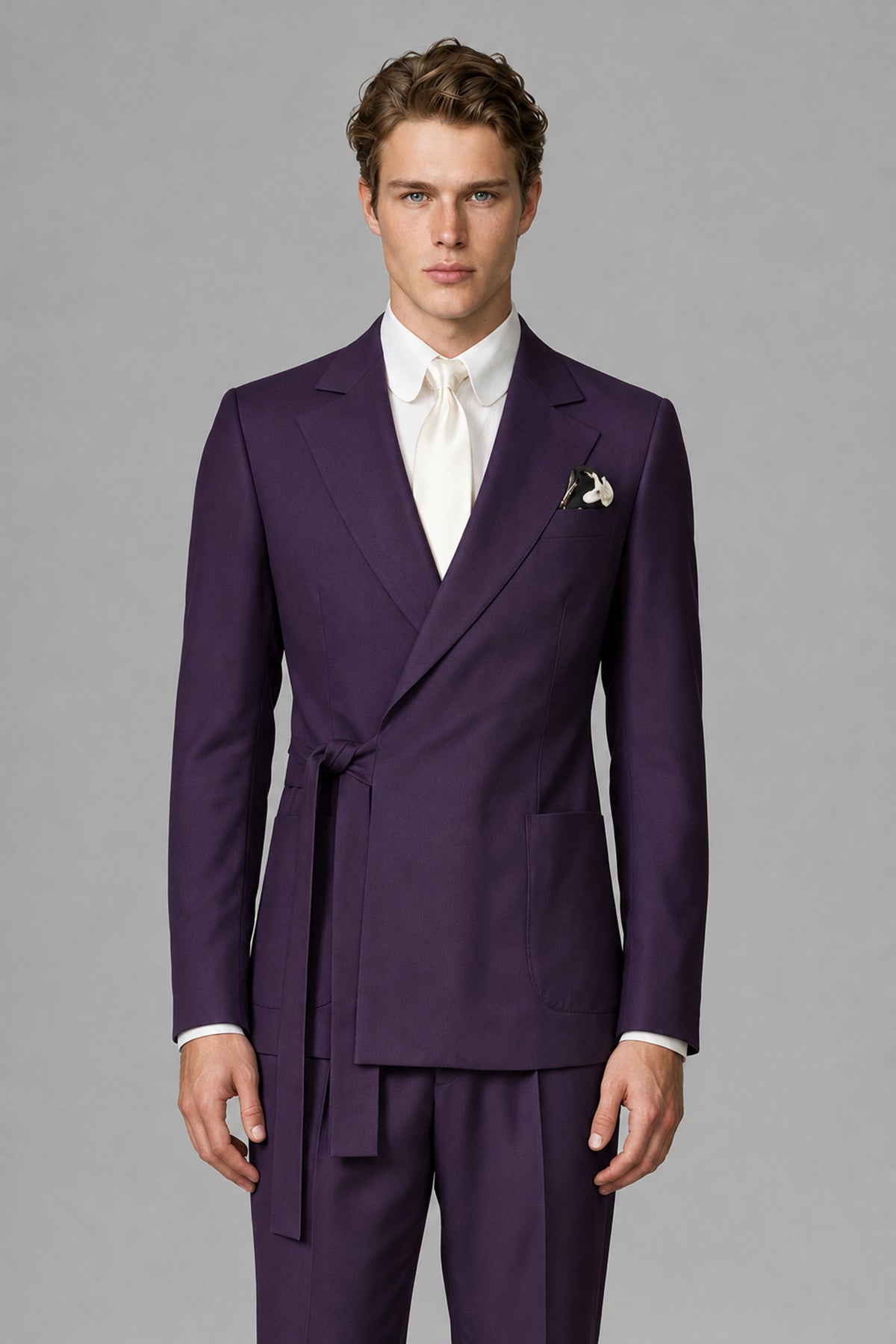 Bolodoo Men's Dark Purple Wrap Tie-Waist Two-Piece Suit – Jacket & Trousers - Dark Purple - Dark Purple_1