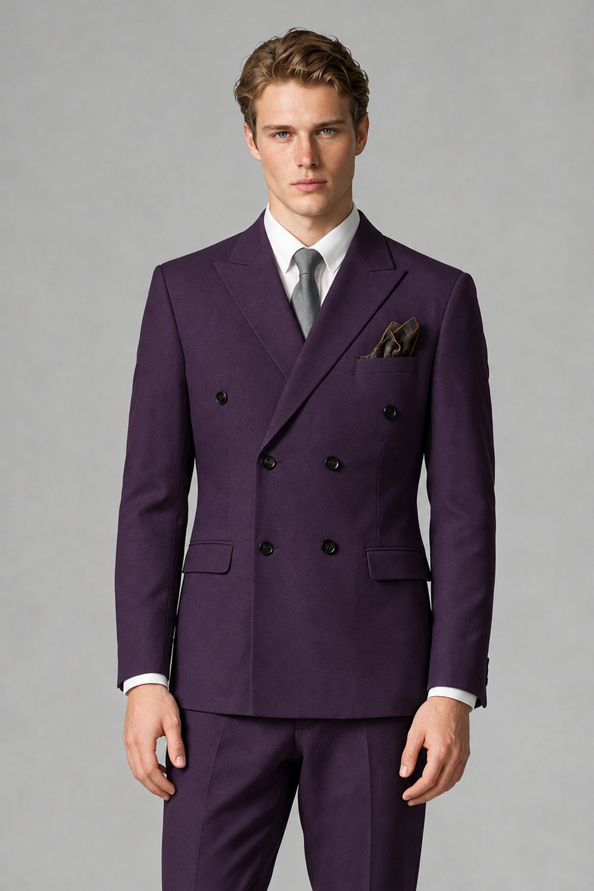 Bolodoo Men's Dark Purple Double-Breasted Two-Piece Suit with Peak Lapels - Dark Purple - Dark Purple_1