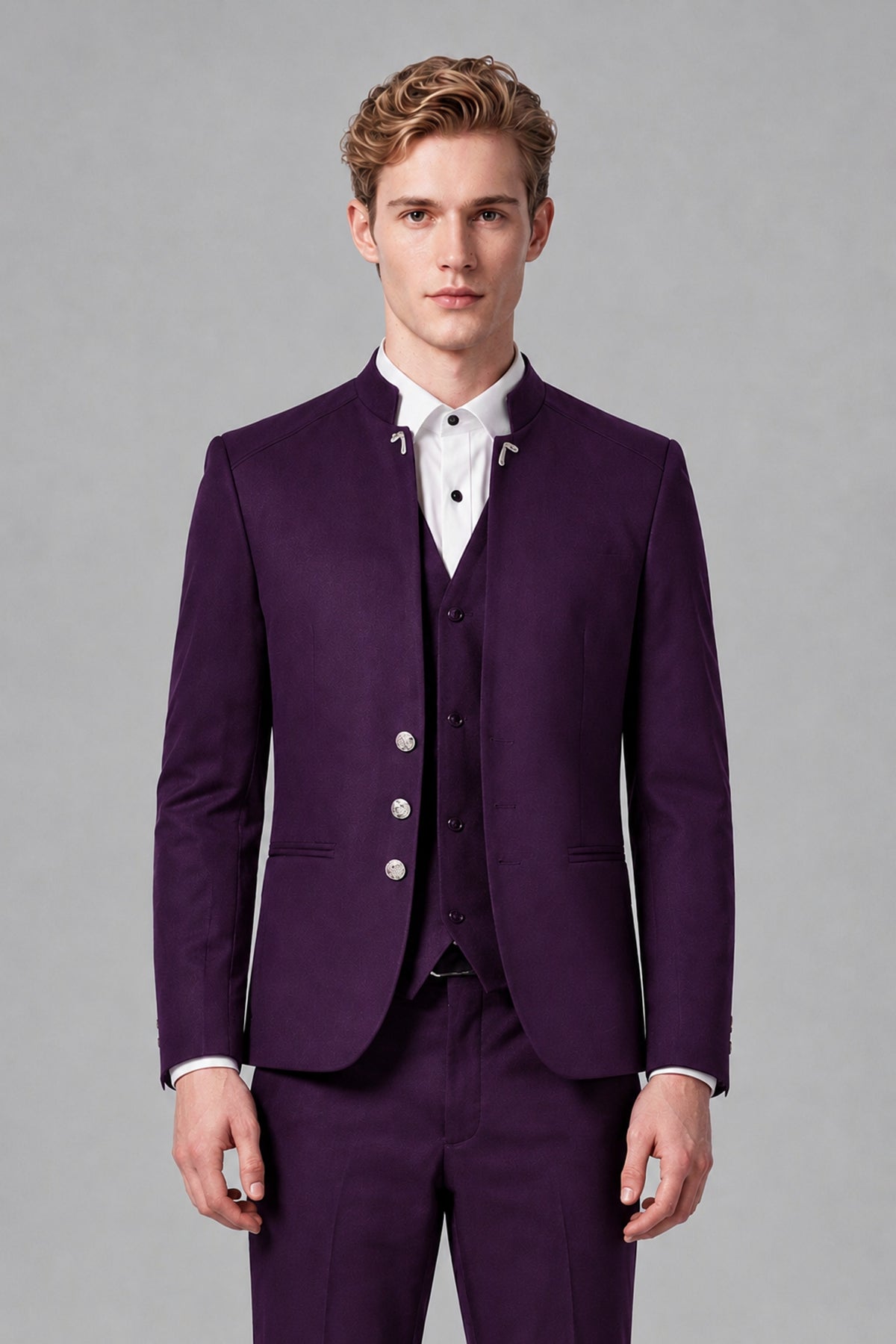 Bolodoo Men's Dark Purple Mandarin Collar 3-Piece Suit – Jacket, Vest & Trousers - Dark Purple - Dark Purple_1